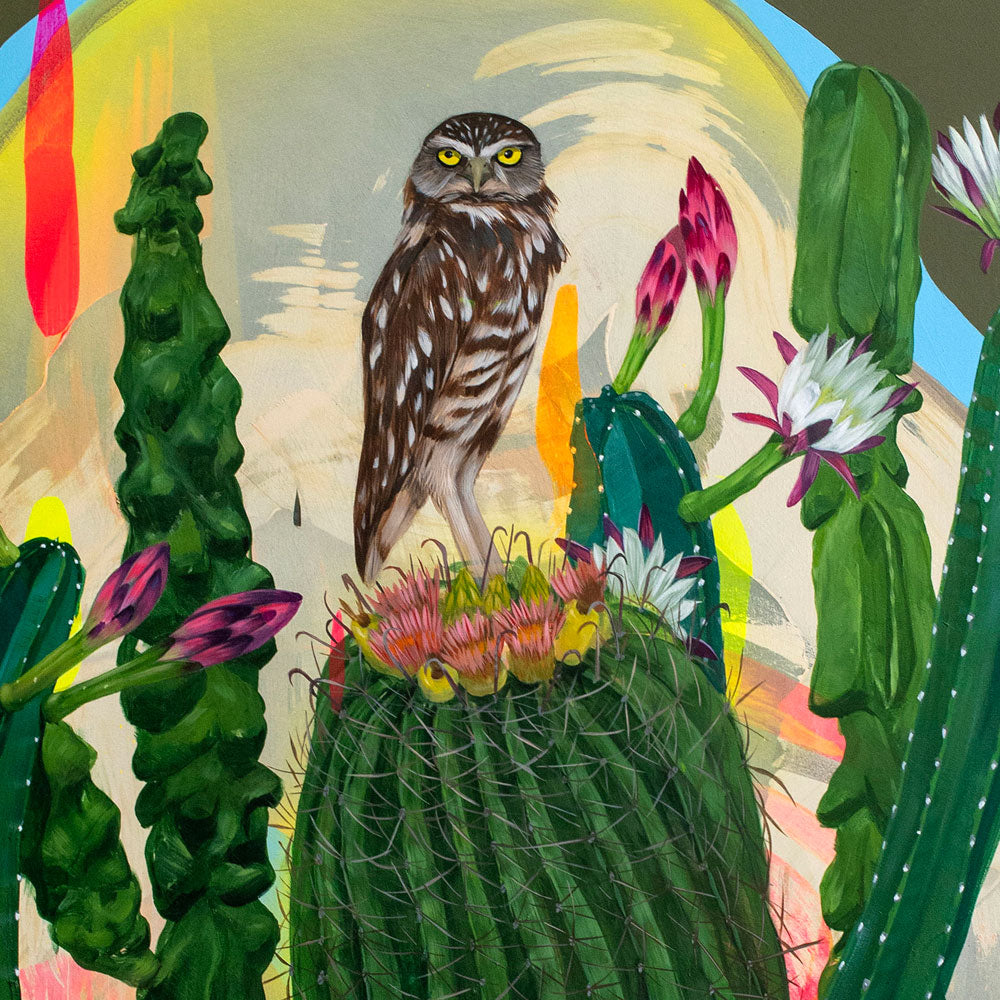 A brown owl with yellow eyes perches on top of a cactus surrounded by blooming pink and white flowers, with a colorful, abstract sky in the background.