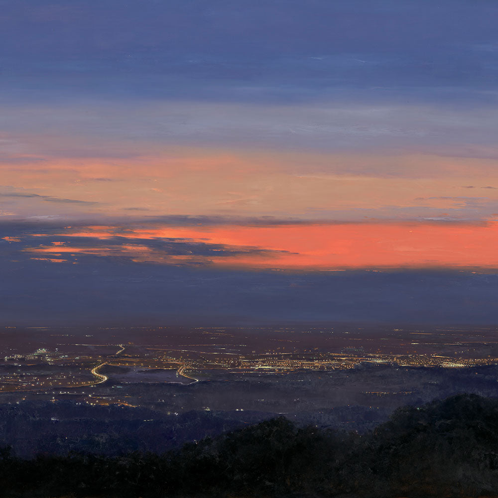 Painting by Adam Hall of a landscape at dusk.
