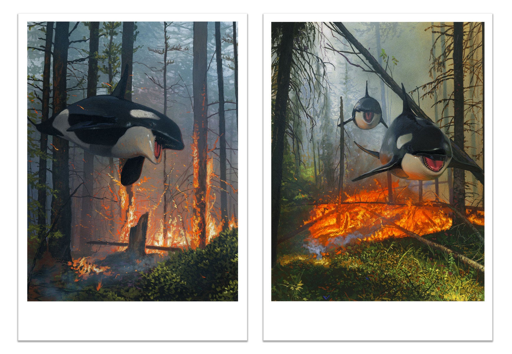 The "Dream and Lost" diptych by Chris Austin features two signed, numbered archival pigment prints of orcas swimming through a flaming forest, capturing the surreal, dreamlike scene in vivid detail.