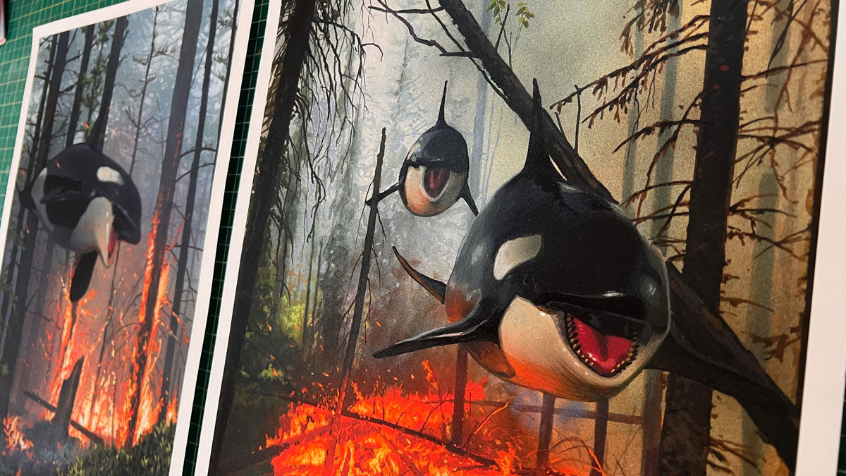 Dream and Lost" diptych by Chris Austin is a signed and numbered archival pigment print showing orcas swimming through a burning forest, their mouths open amid vivid flames and swirling smoke in a surreal, striking scene.