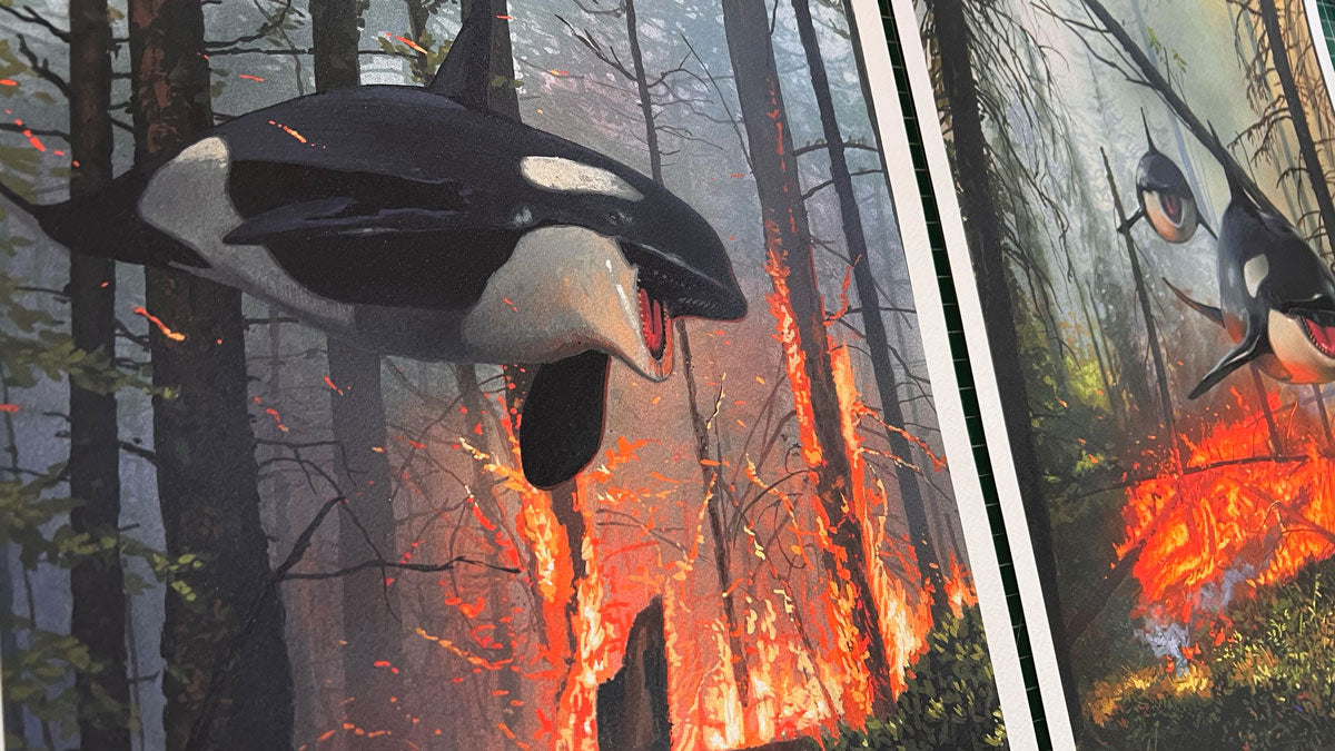 Two orcas swim through a flaming forest in "Dream and Lost" diptych by Chris Austin. This surreal, signed and numbered archival pigment print blends aquatic life with wildfire imagery.