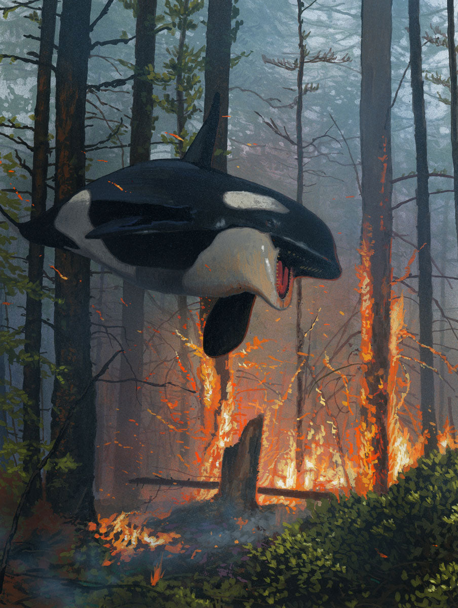 “Dream and Lost” diptych by Chris Austin depicts an orca swimming through a smoky, flame-filled forest. This signed and numbered archival pigment print captures the striking scene of wildlife against wildfire chaos.