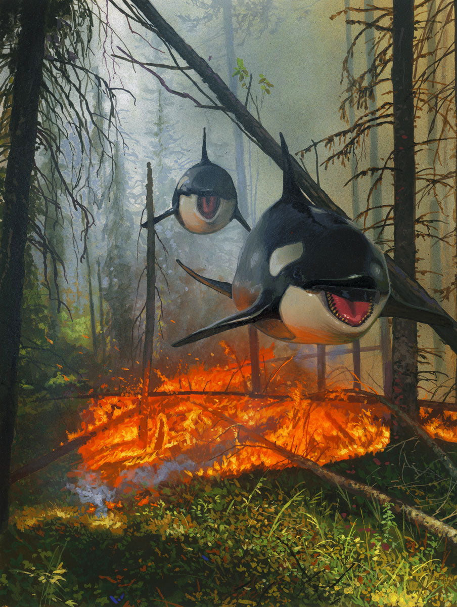 Dream and Lost diptych by Chris Austin captures two orcas in a misty forest above fire, with surreal sunlight filtering through the trees. This archival pigment print is available as a signed and numbered edition, highlighting the mystical contrasts of the scene.