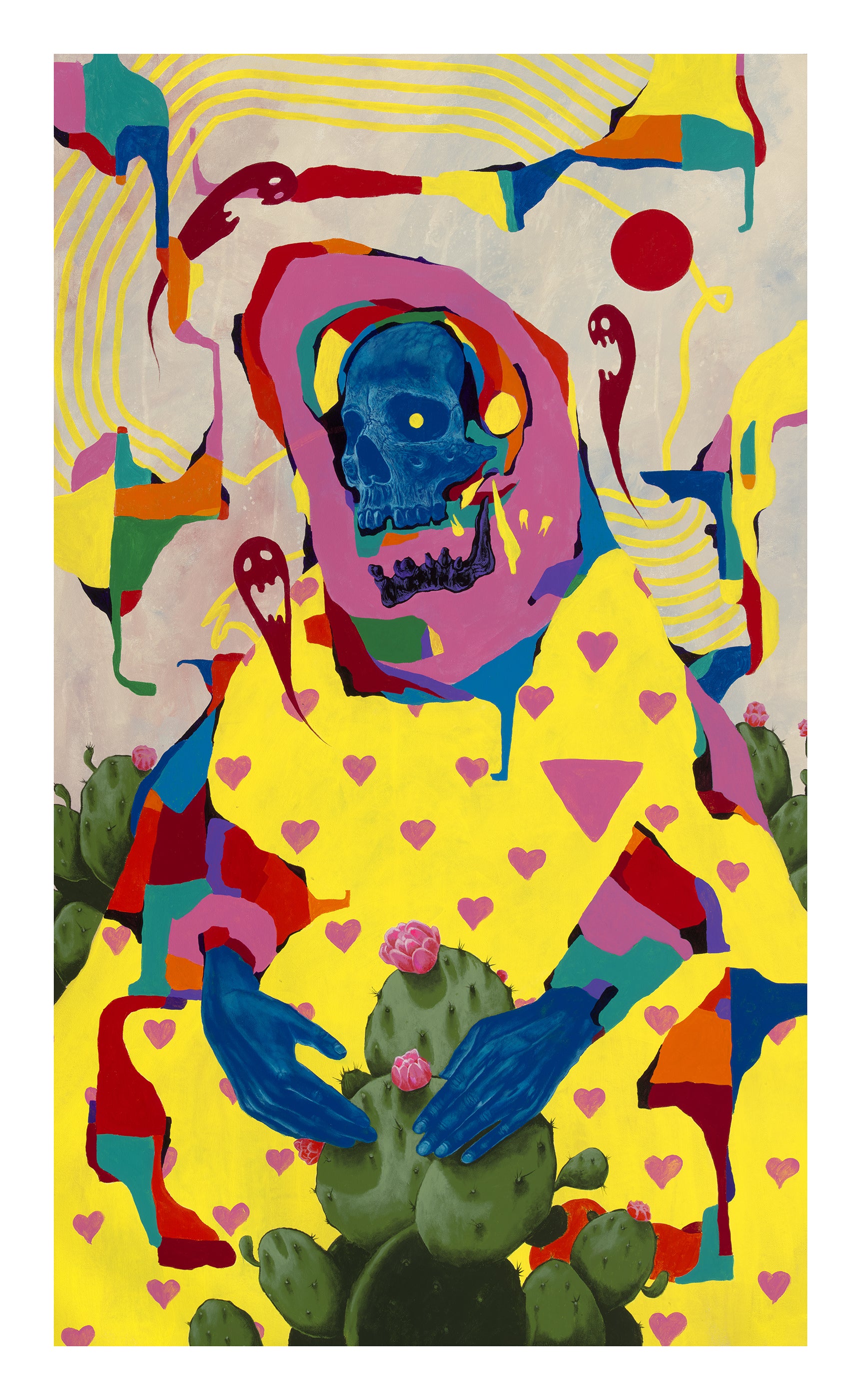What Doesnt Kill Us by Anthony Hurd is a limited edition archival pigment print featuring a skeletal figure amidst vibrant shapes, cacti, and blooming pink flowers, set against a swirling background of hearts and abstract forms.