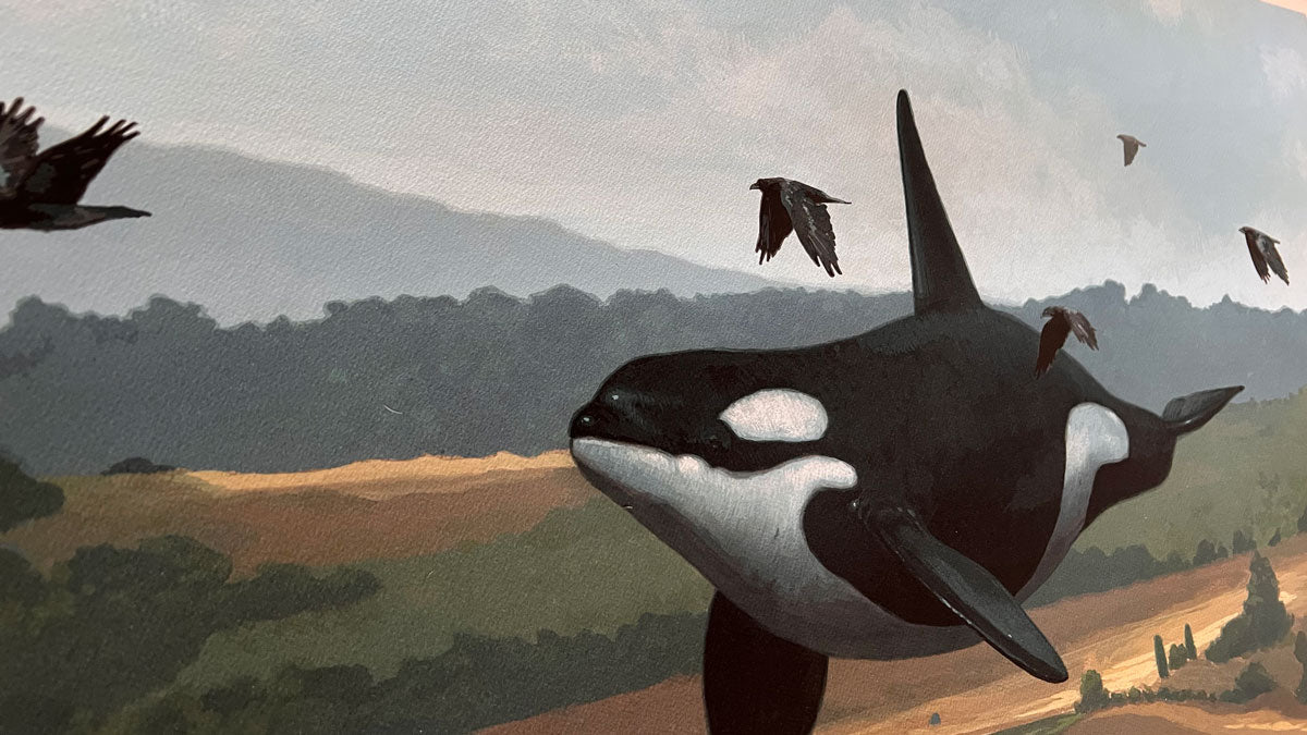 Get On With It" by Chris Austin is a realistic archival pigment print featuring an orca swimming through the air with birds over a rural landscape, enhanced with hand-painted embellishments.