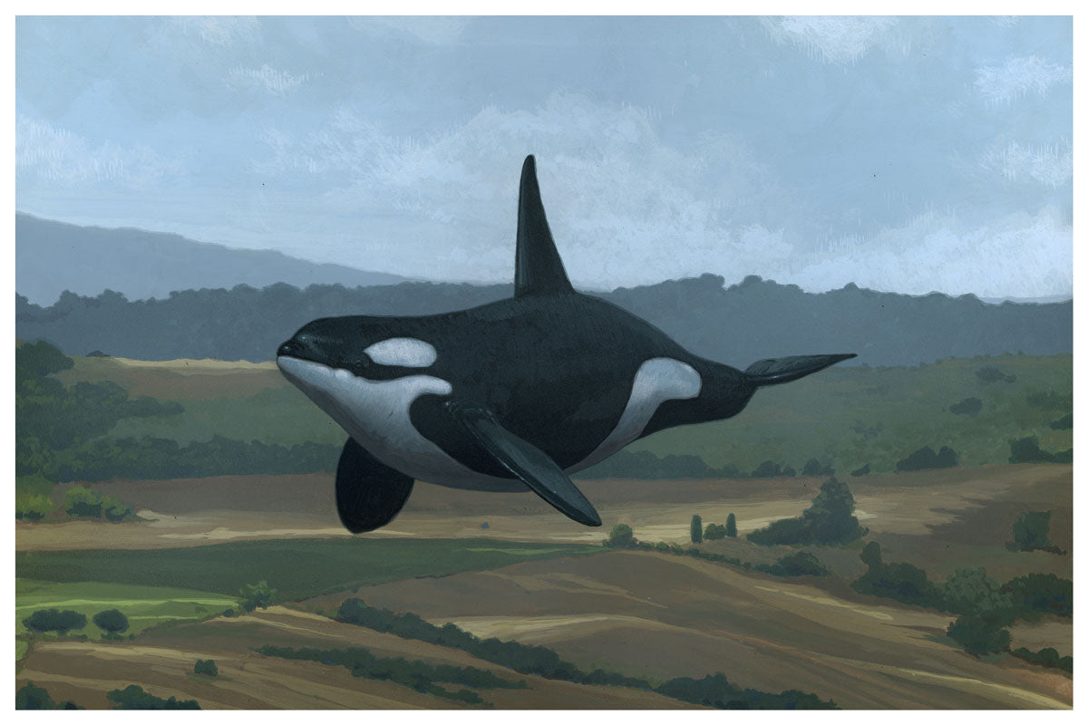 Get On With It" by Chris Austin is an archival pigment print featuring a large orca whale floating above a rural landscape of fields, trees, and hills beneath a cloudy sky.