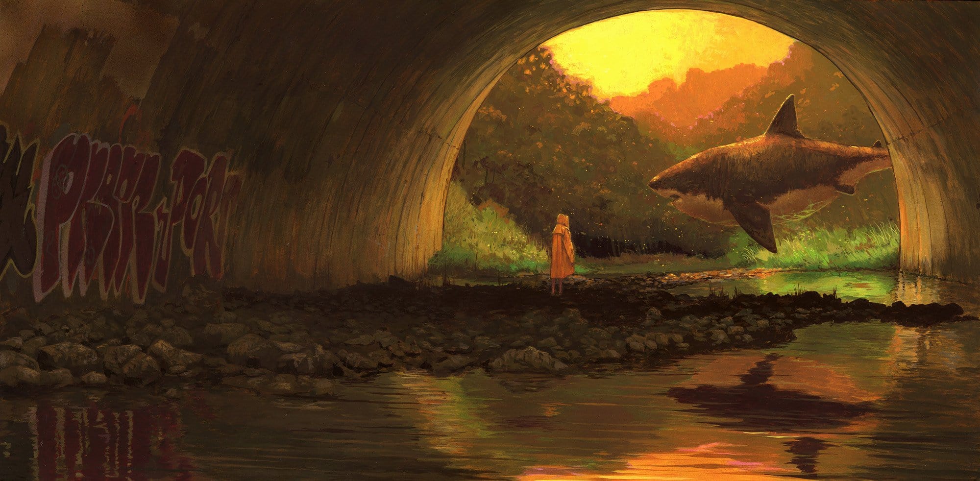 A person in a coat stands in a tunnel opening with graffiti on the walls, facing a large floating shark. The warm sunset illuminates the scene with golden light, reflecting on the water below. Lush greenery surrounds the entrance.