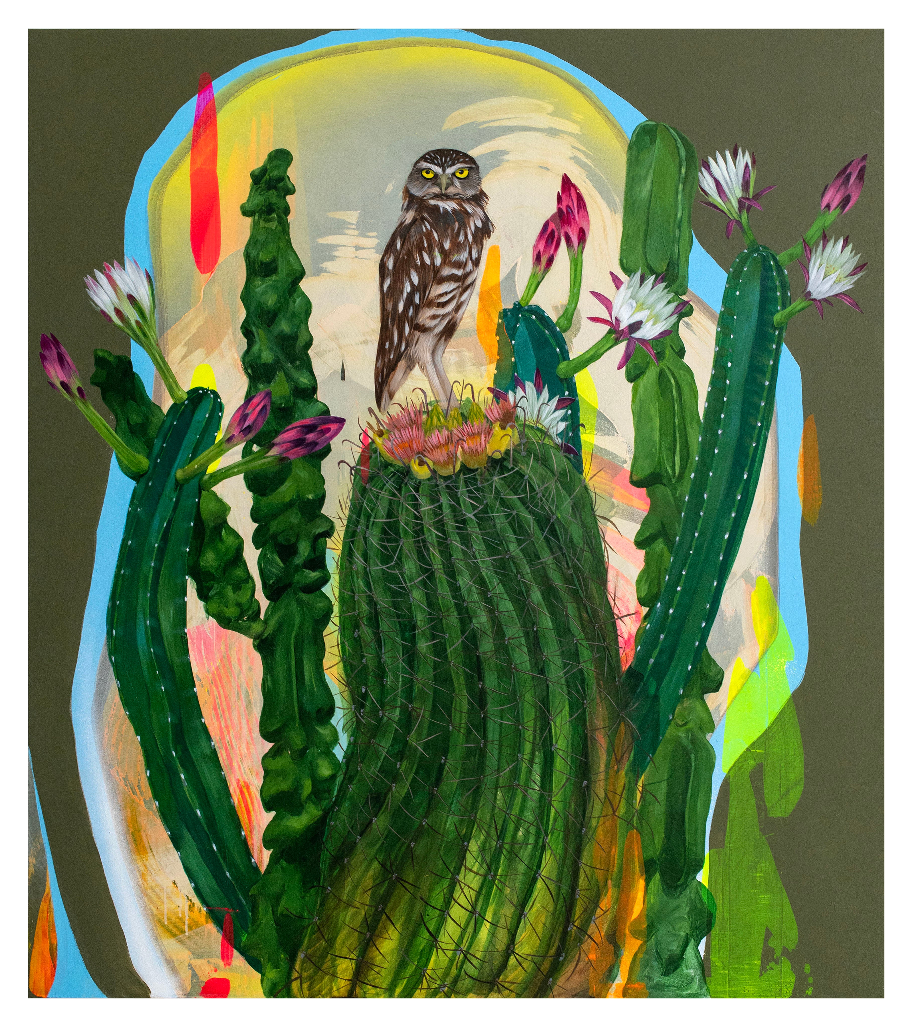 ‘Gaze’ by Frank Gonzales is an archival pigment print of an owl on a flowering cactus with bright eyes and detailed feathers against a colorful backdrop. Featuring pink and white blossoms, its signed, numbered, and part of a limited edition run of 50.