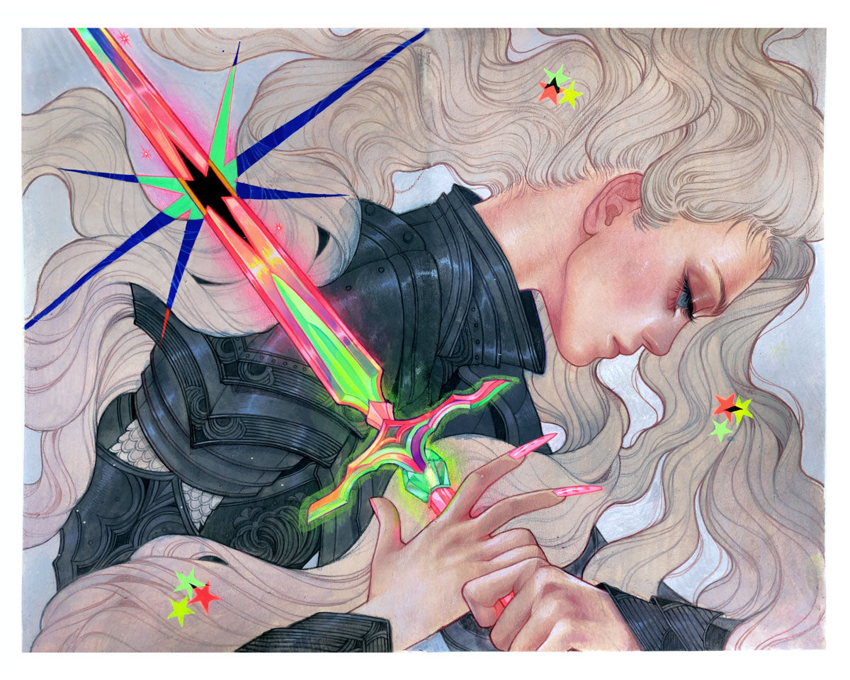 A figure with long, wavy blonde hair in dark ornate armor holds a glowing neon sword amid vibrant stars and light beams in this "Galactic Flare" archival pigment print by Kelsey Beckett.