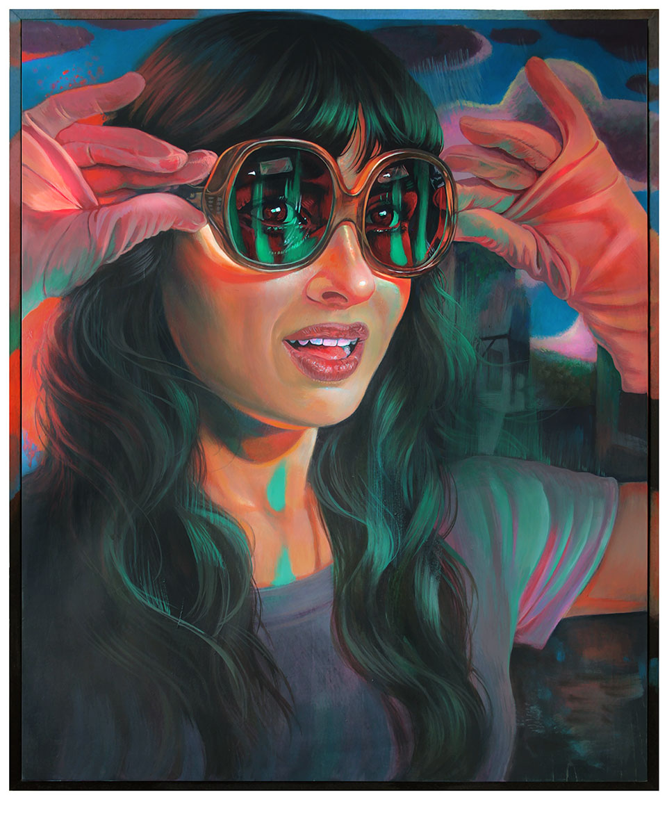 The limited edition archival pigment print Glorious by Martine Johanna features a stylized woman with flowing hair adjusting oversized sunglasses, her gray top contrasted by lively red and blue abstract shapes, exuding modern elegance and flair.