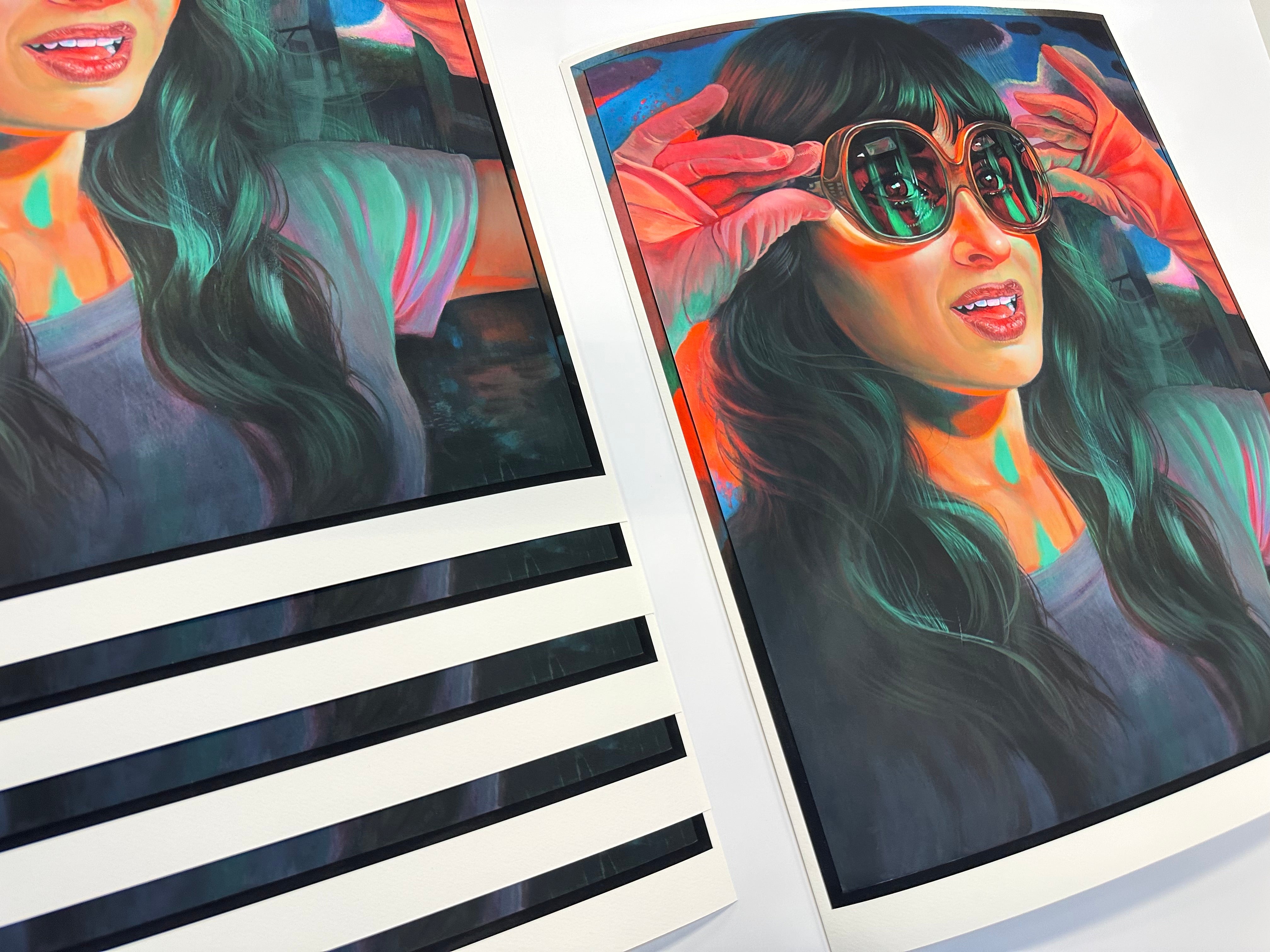 Glorious, a limited edition painting by Martine Johanna, showcases a dark-haired woman in sunglasses, smiling amid bold green and orange hues. Accompanied by prints with horizontal black and white stripes, the artwork bursts with vibrant colors.