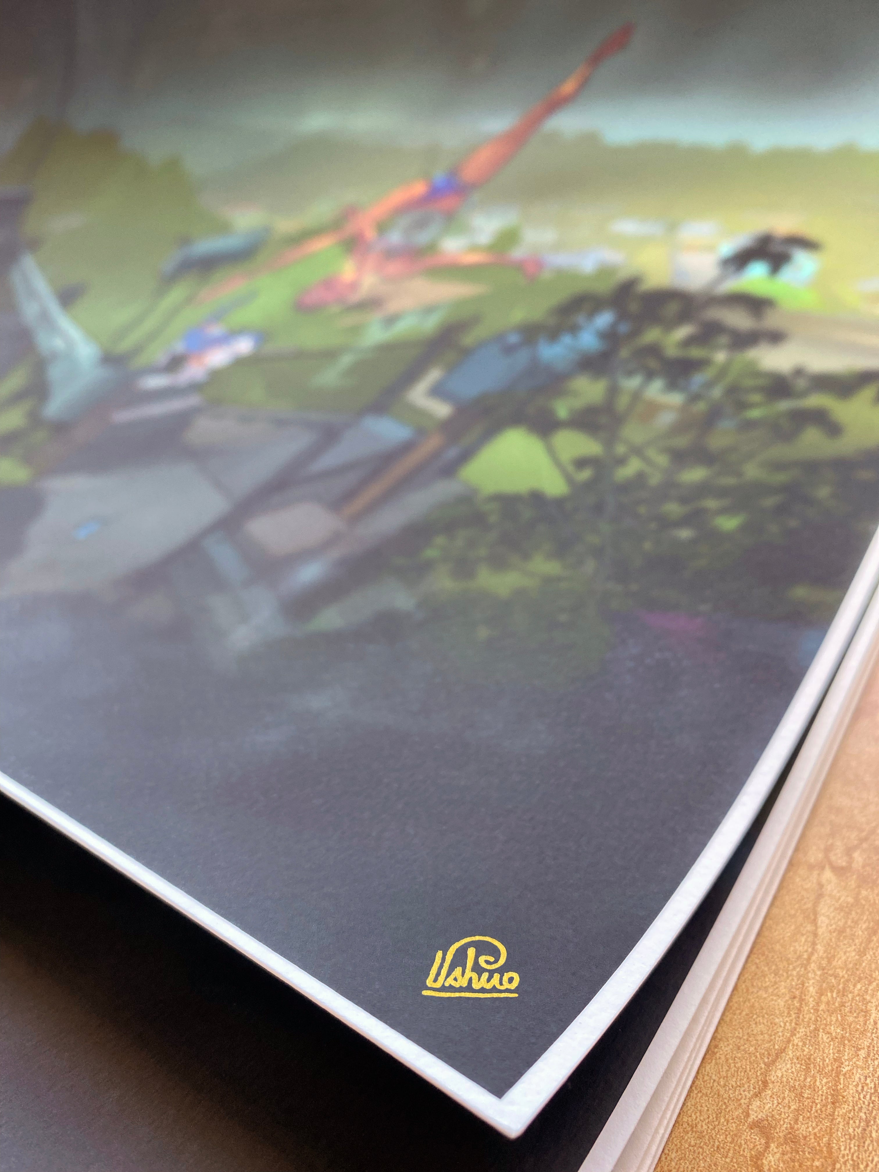 A close-up image shows a page corner from the art book Its Getting Harder to Say Goodbye, featuring vibrant colors and a signature by Vashuo. The soft focus emphasizes the vivid hues and dynamic shapes reminiscent of Edwin Ushiros style, typical of limited edition collections.