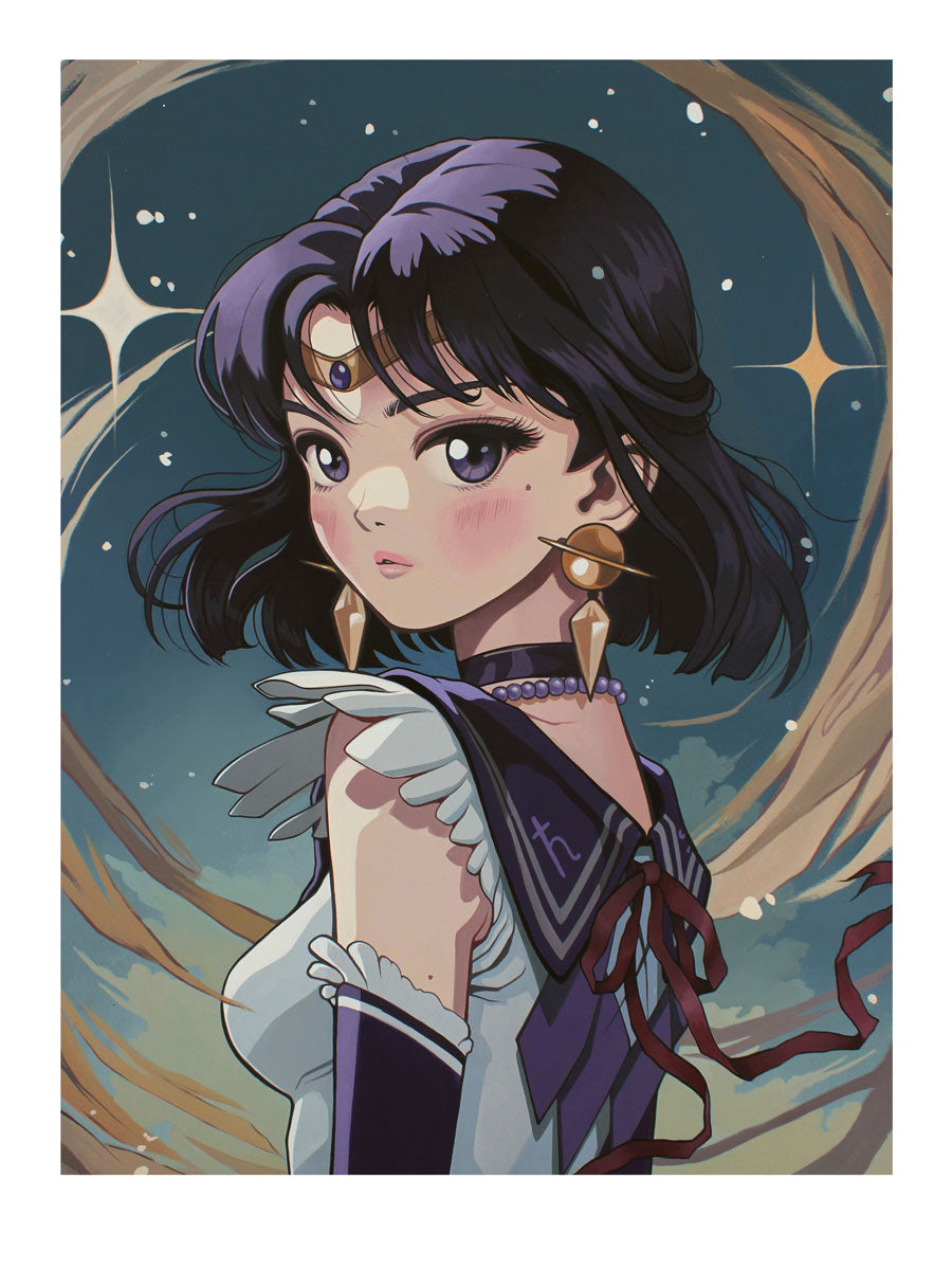 This "Sailor Saturn" art print by Sarah Joncas features an anime-style young woman with short black hair, purple eyes, a crescent moon tiara, magical starry background, and elegant sailor attire. Hand embellished for a unique touch.