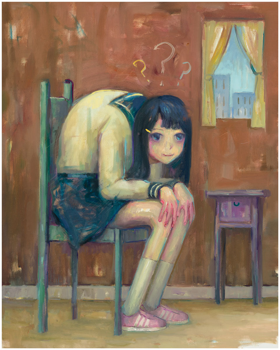 A limited edition painting by Leegan Koo titled ??? depicts a girl in a school uniform with long black hair, awkwardly sitting with her head on her knees. The room features a small table and a window with yellow curtains, offering a mysterious atmosphere enhanced by curious question marks above her head.