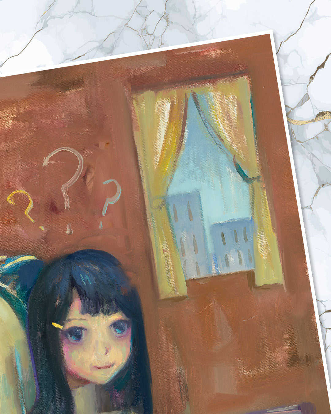 Leegan Koos limited edition painting ??? features a dark-haired girl sitting in a brown-walled room with two large question marks near her head. A window, framed by curtains, reveals blue sky and buildings. The signed and numbered artwork rests on a marble surface.