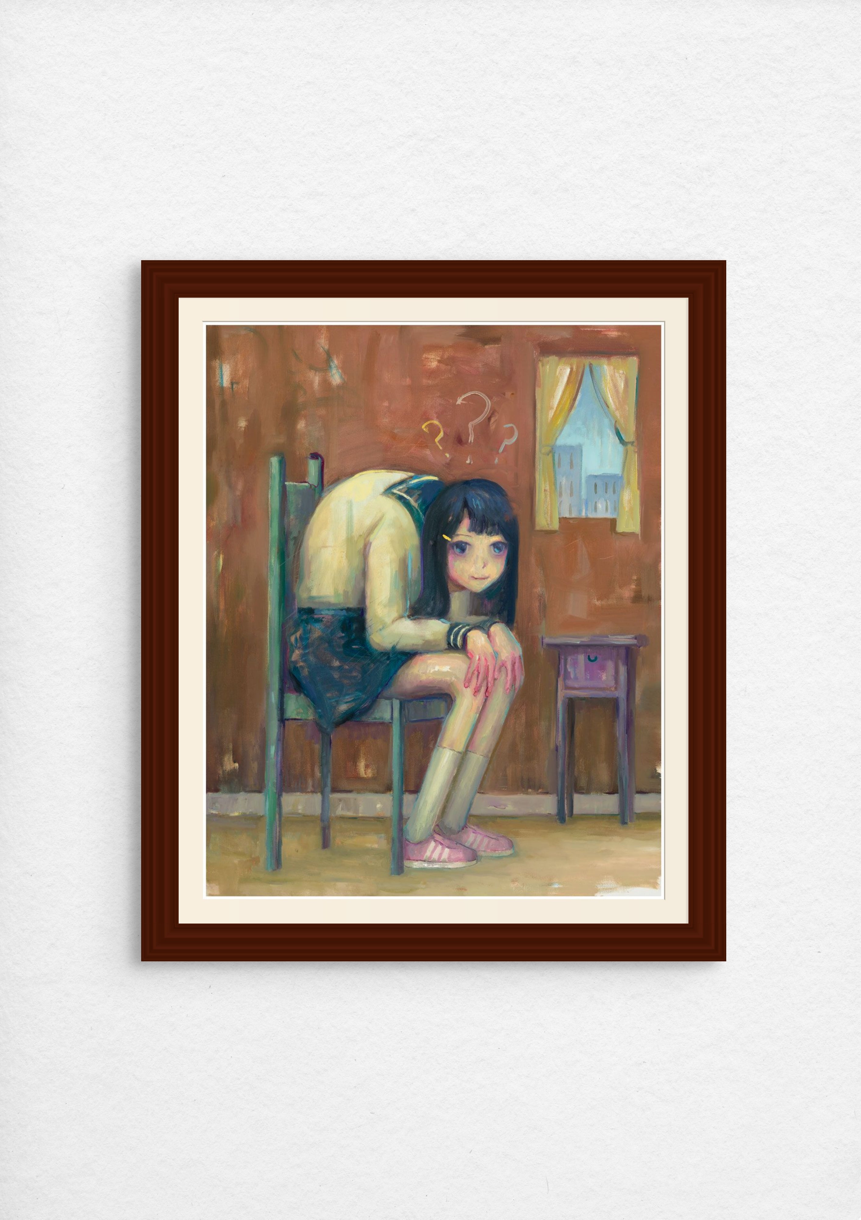 Leegan Koos limited edition archival pigment print, ???, depicts a girl with a chair for a head, seated surreally with a questioning expression, wearing blue and pink socks. Its set against brown walls beside a window and table, signed and numbered for authenticity.