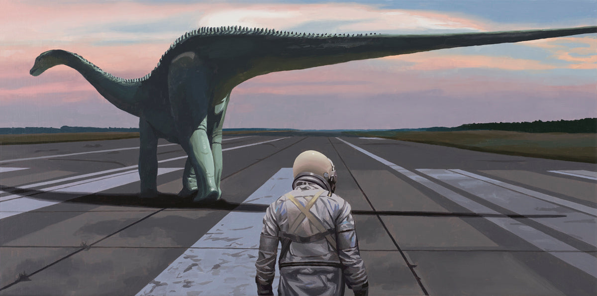 An astronaut in a spacesuit stands on a runway, facing a large dinosaur with a long neck and tail. The sky is painted with soft hues of pink and blue, suggesting dawn or dusk. The scene blends elements of science fiction and prehistory.