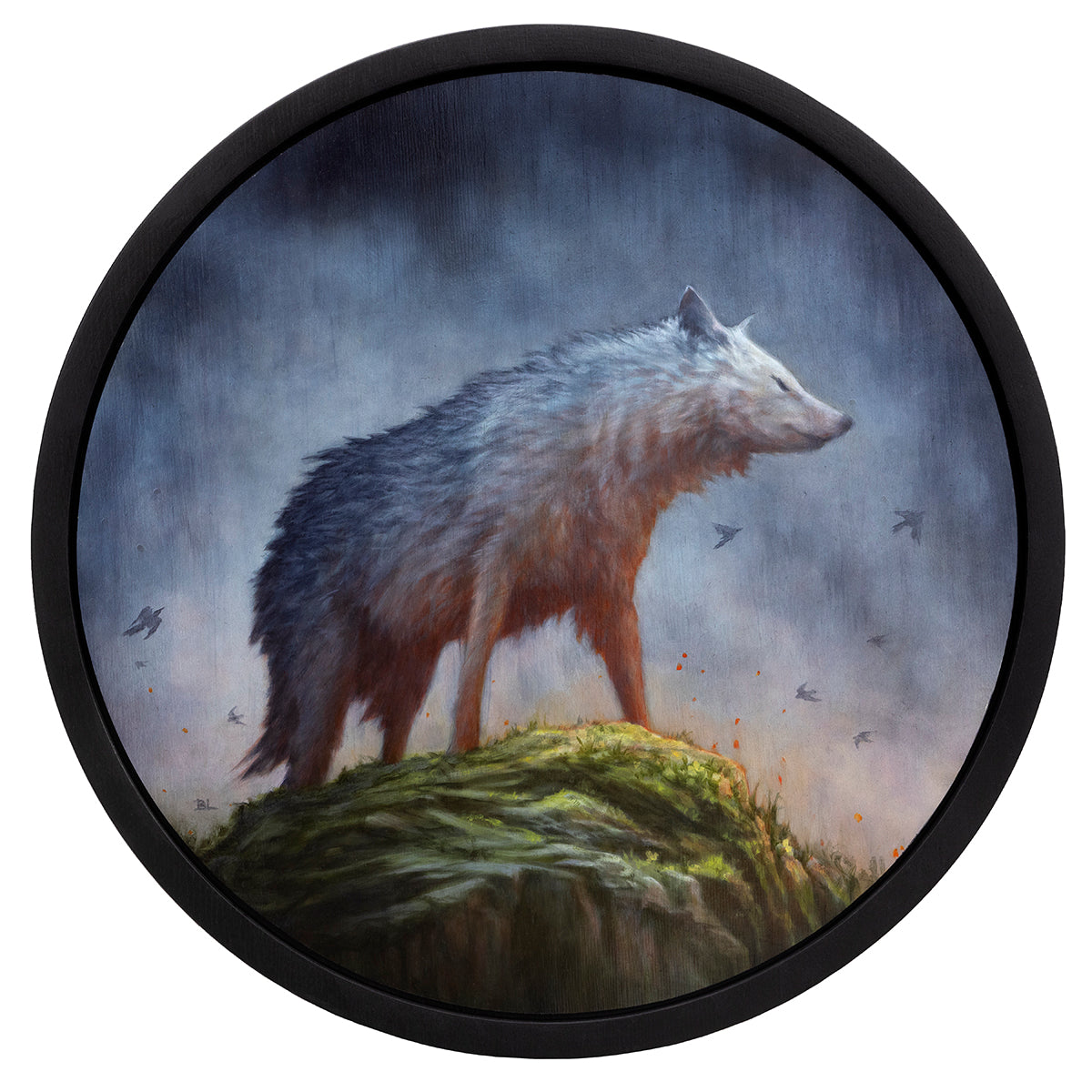 The Brin Levinson artwork titled Winter features a lone wolf on a mossy rock under a cloudy sky. Birds enhance the scenes somber mood, highlighting the wolfs textured fur. This piece is an archival pigment print, presented in a circular frame, and comes as a signed and numbered edition.