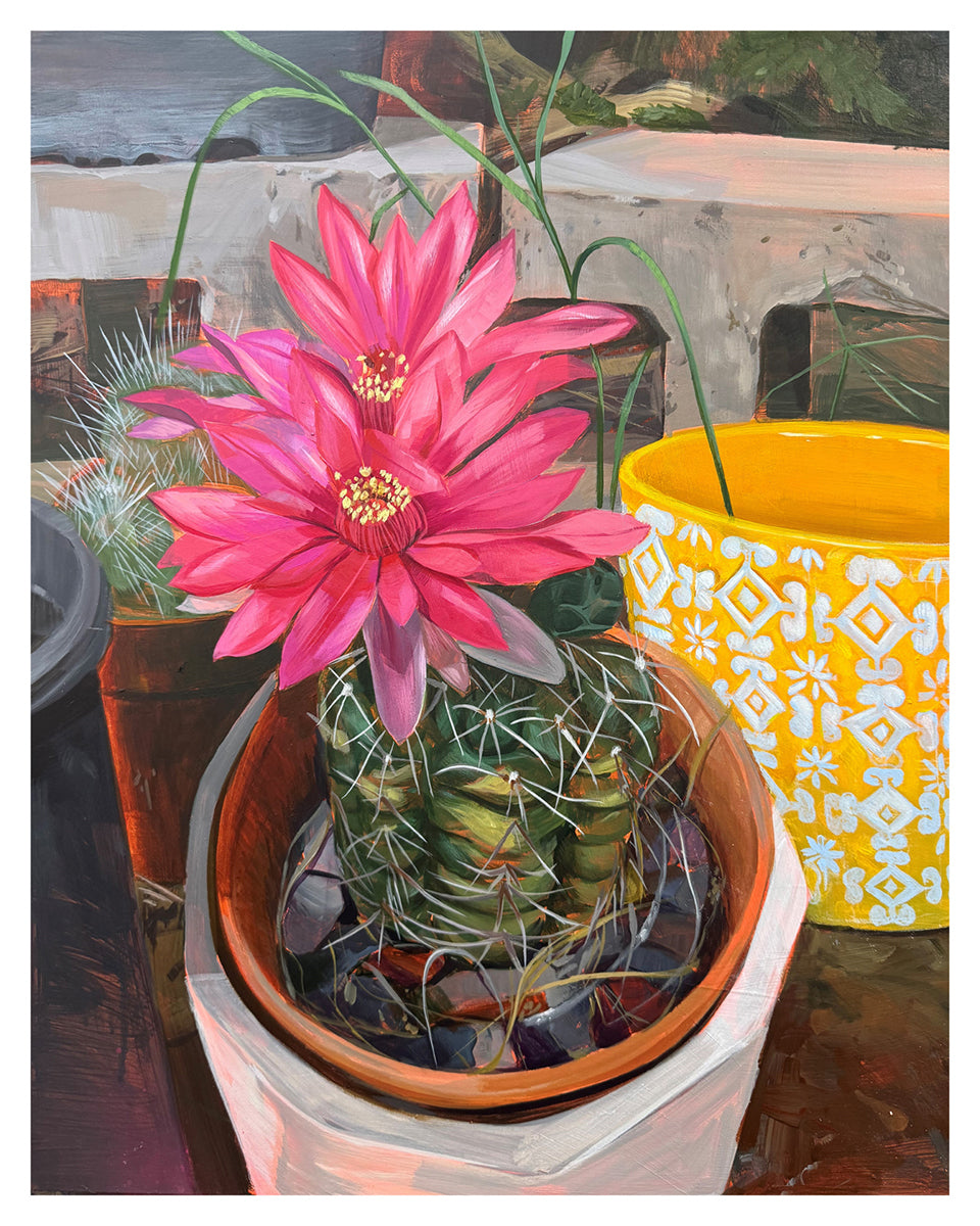 The “Garden” by Frank Gonzales features a cactus with vivid pink blooms in a pot, set among colorful planters—like a yellow patterned one—capturing the artist’s signature vibrant style.