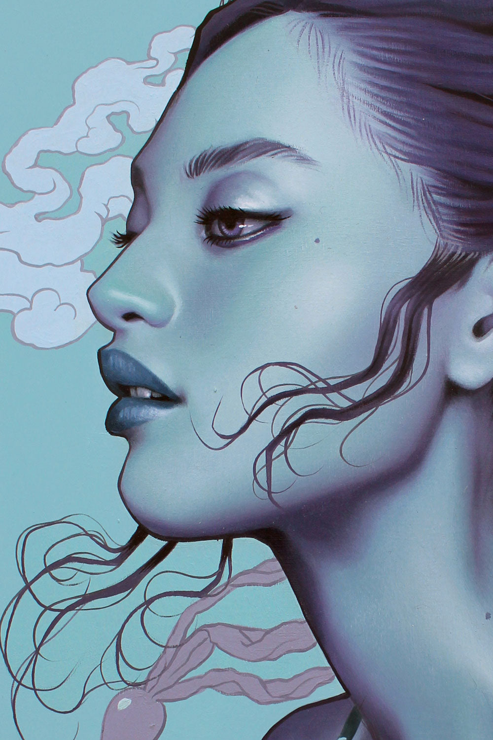 A stylized painting of a womans side profile on a turquoise background. Her skin is a cool blue hue, with detailed hair and delicate facial features. Wisps of smoke or clouds are illustrated around her head, adding a dreamy atmosphere.