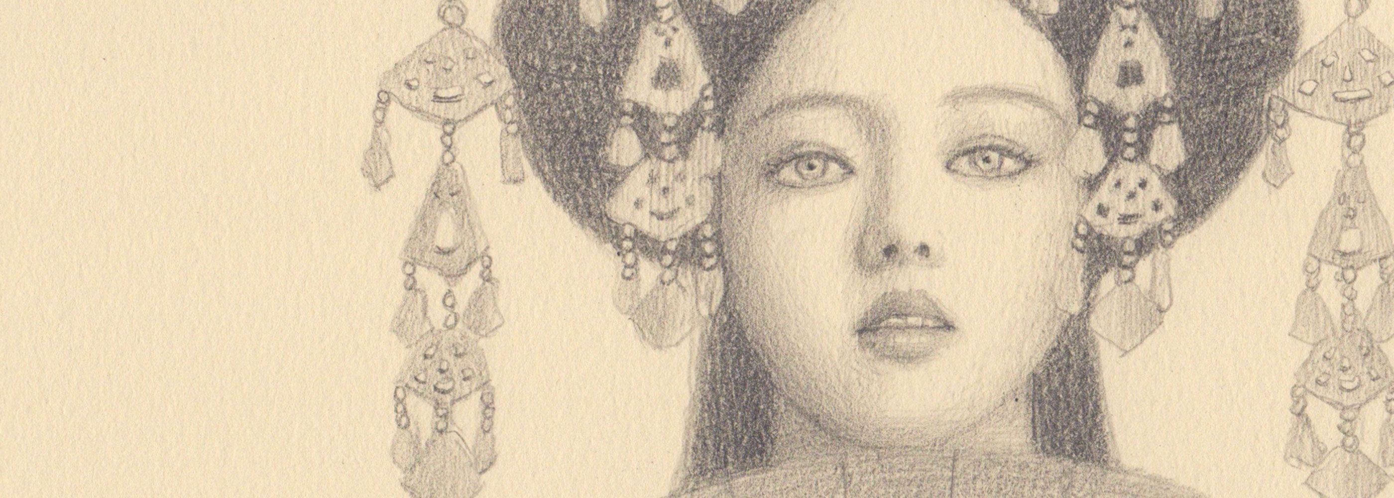 Artistic depiction of a woman with intricate headpiece and earrings on a textured beige background
