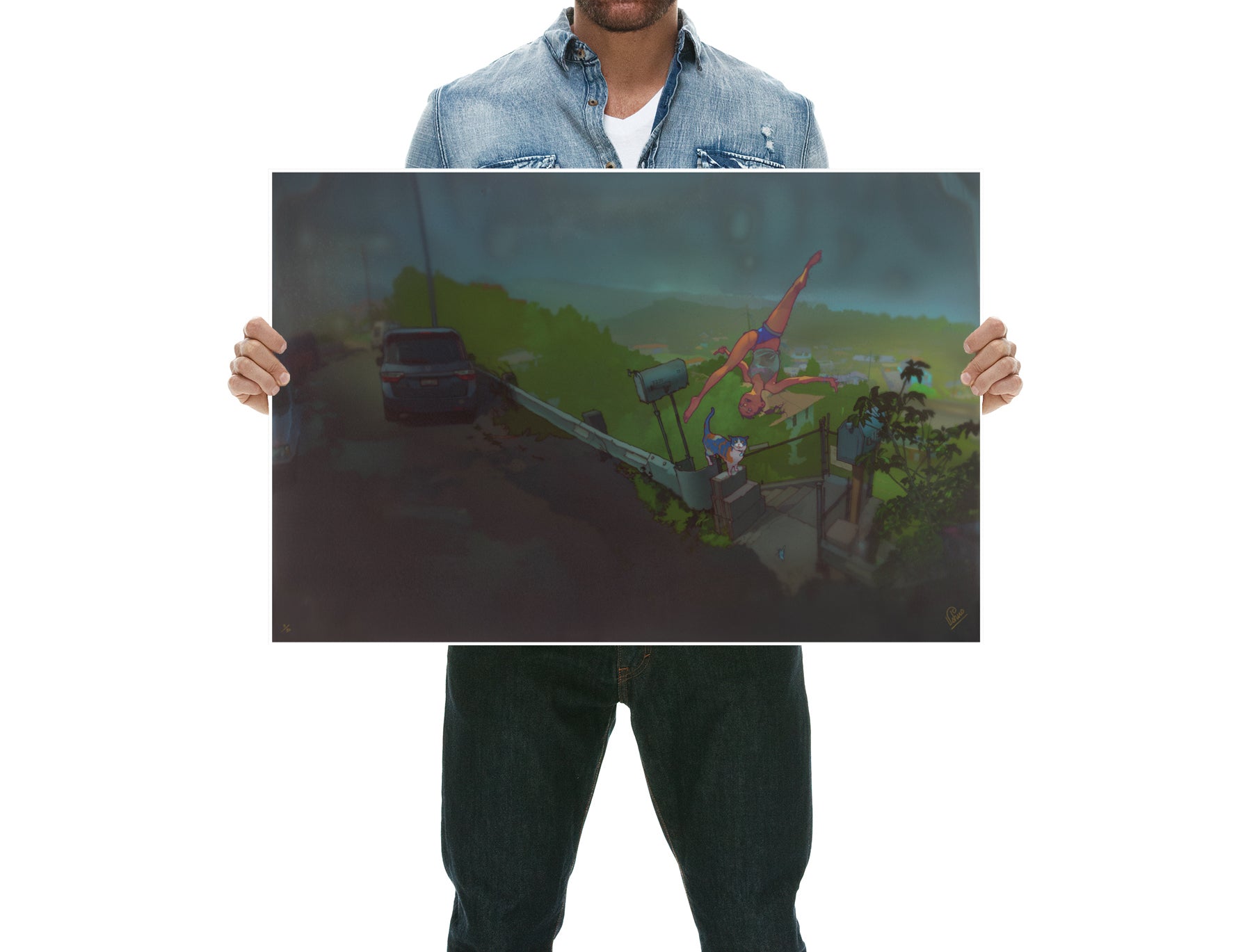 A person holds the limited edition art poster Its Getting Harder to Say Goodbye by Edwin Ushiro, displaying Spider-Man swinging through a dark, rainy scene with a car lingering in the moody background, captured in precise detail using an archival pigment print.