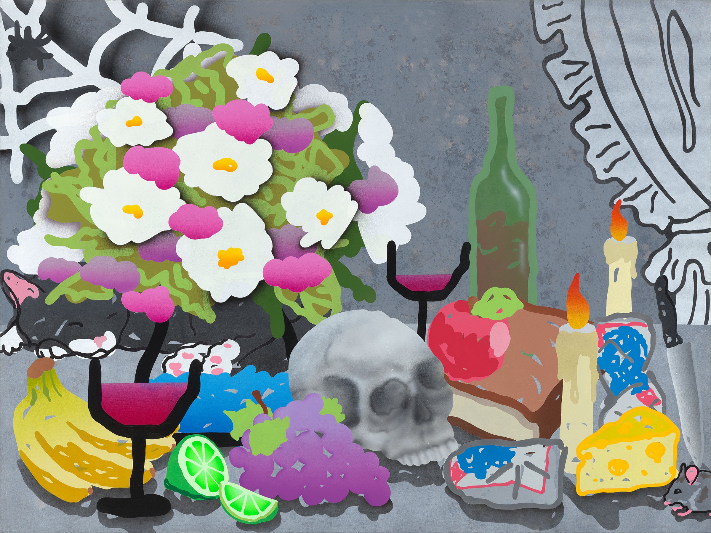 Jordan Fergusons Still Life Study is a signed, numbered archival pigment print featuring vibrant flowers, a skull, wine glasses, a bottle, banana, grapes, lime slices, candles, cake, cheese against a curtain backdrop. It captivates with its colorful and surreal elements.