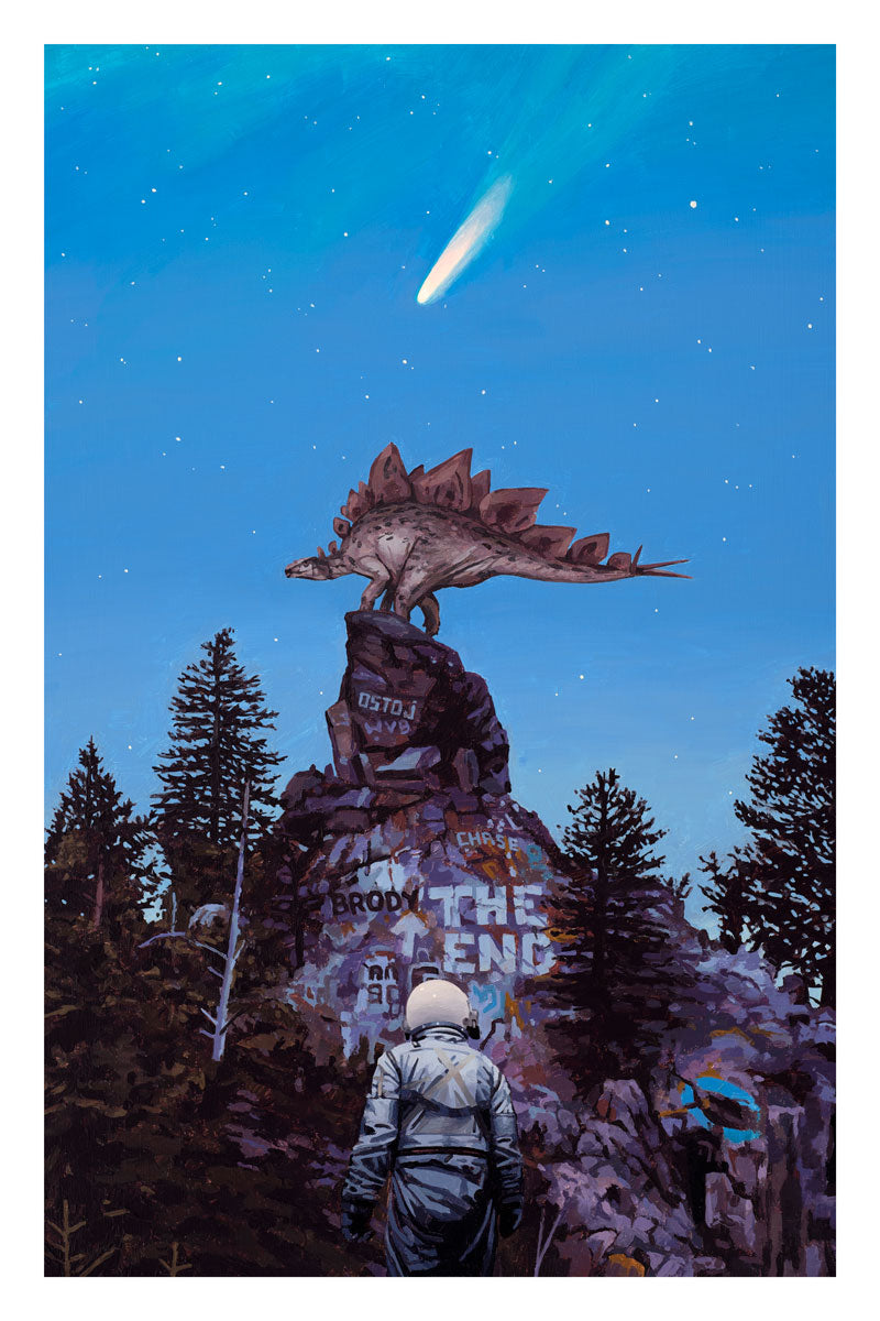 In Stegosaurus 2 by Scott Listfield, a person in a spacesuit stands in a forest, gazing at a large Stegosaurus statue on a graffiti-covered rocky hill, while a comet streaks across the starry night sky. This Archival Pigment Print evokes wonder and nostalgia with its otherworldly scene.