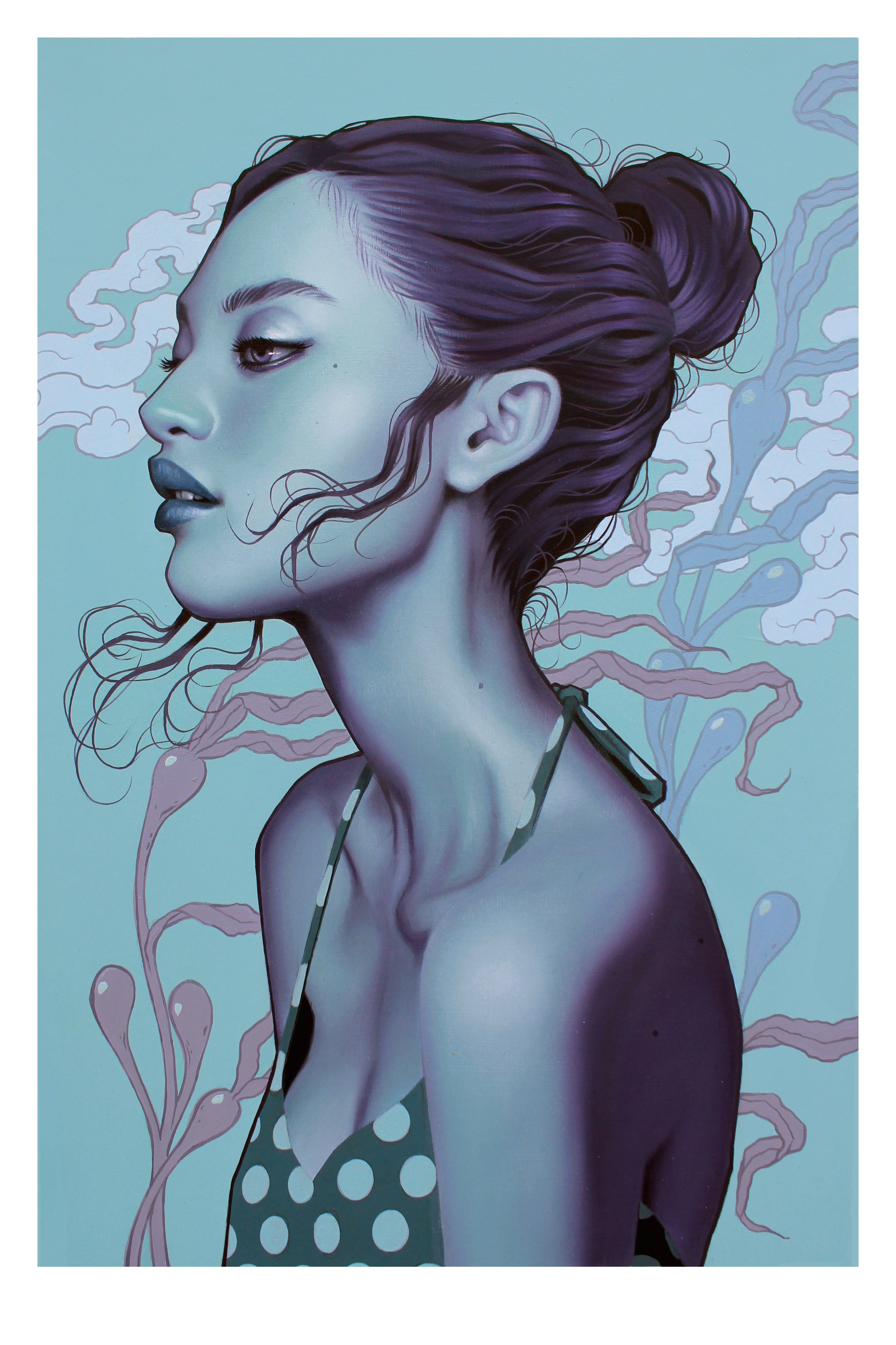 A woman in profile view with blue and purple tones, reminiscent of a Sarah Joncas creation, features in the Sea Breeze piece. She dons a polka dot dress, her hair tied in a bun amidst clouds and abstract shapes that evoke a dreamy sea breeze atmosphere.