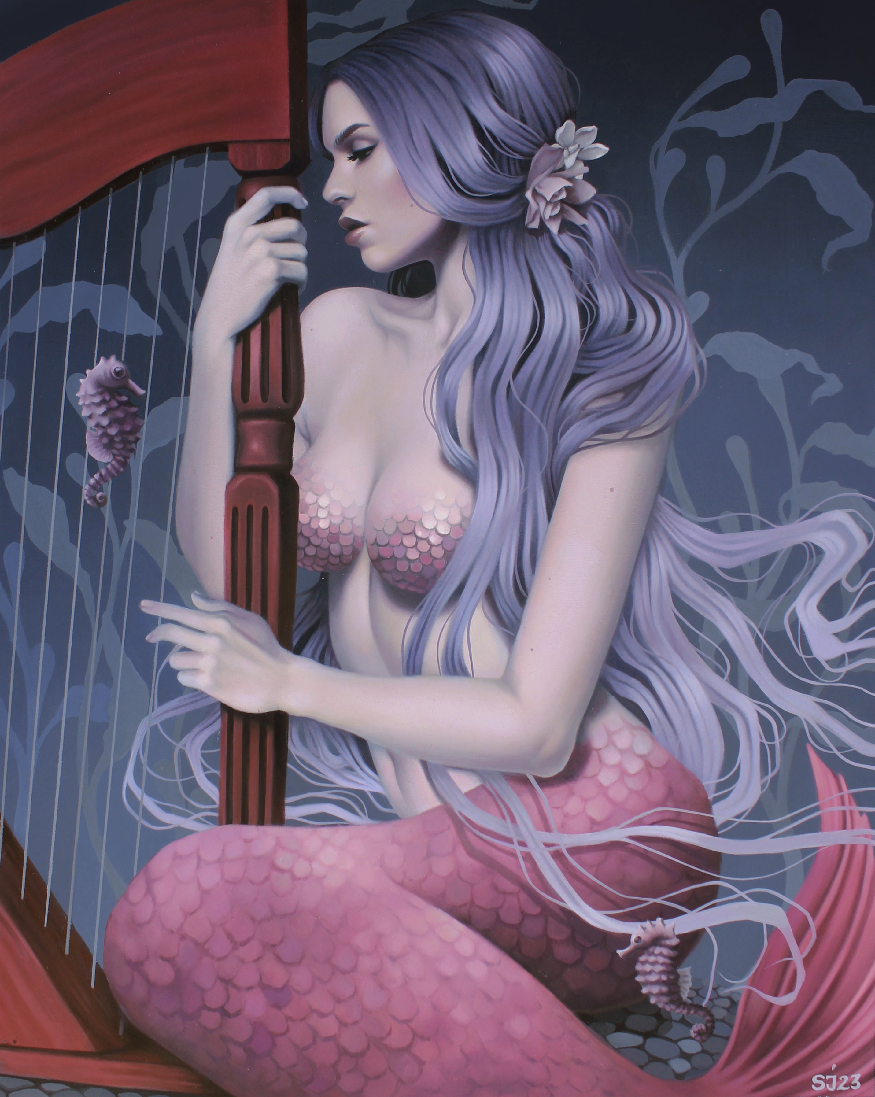 In Sarah Joncass archival pigment print Sea Sonata, a purple-haired mermaid adorned with flowers plays a harp underwater, her pink tail shimmering among seaweed and sea creatures, creating a serene and mystical scene.
