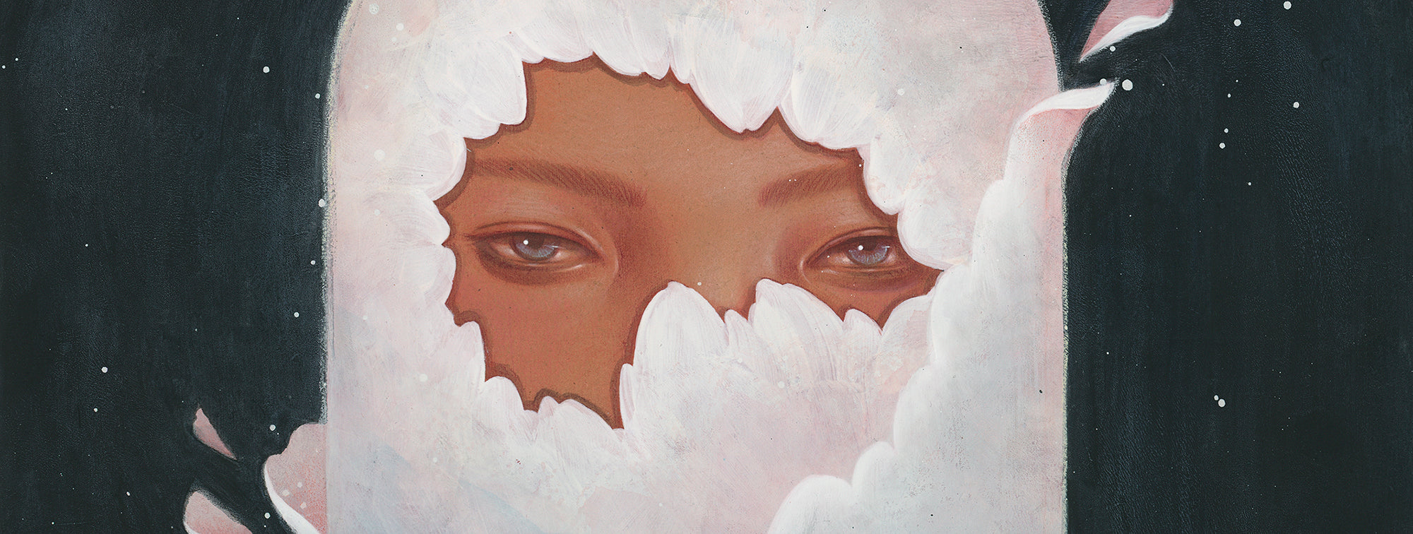 An illustration of a persons eyes gazing through a jagged, cloud-like opening. The background is dark, with the edges of the opening blending from white to pink.