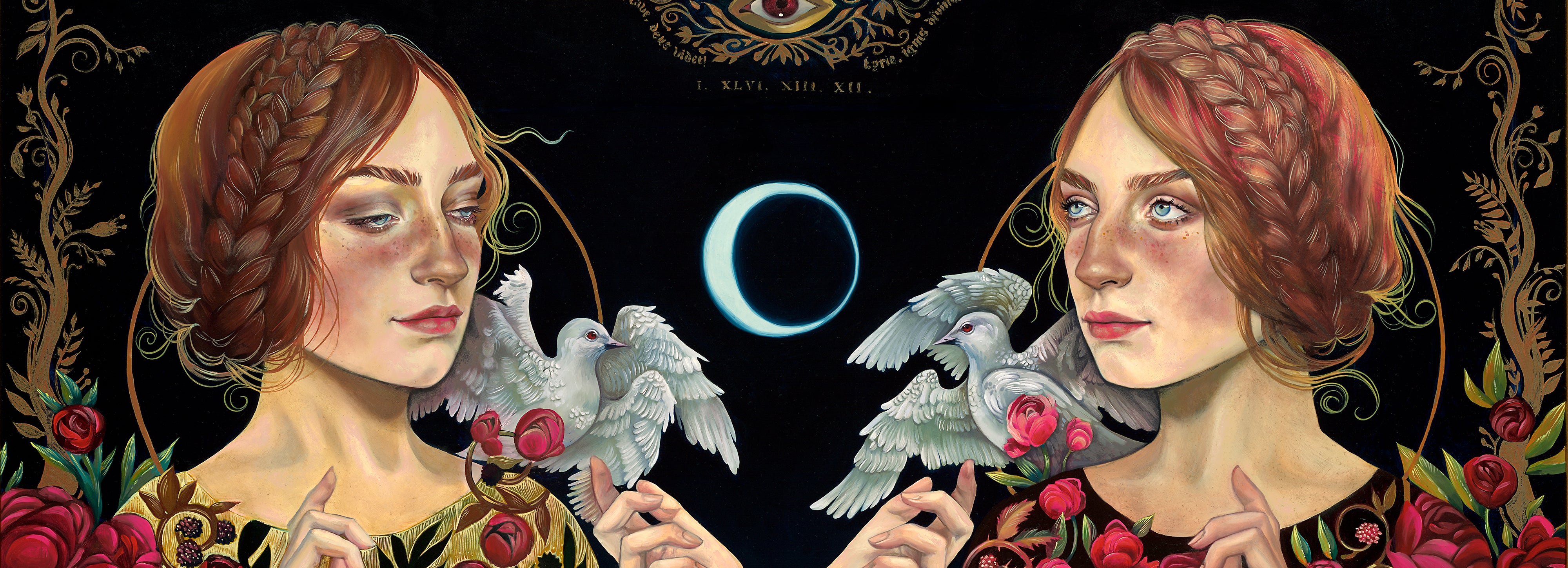 Symmetrical artwork depicting two women with braided hair surrounded by roses, each holding a dove. A crescent moon is in the background, and floral patterns adorn the edges. The scene evokes a sense of mysticism and duality.