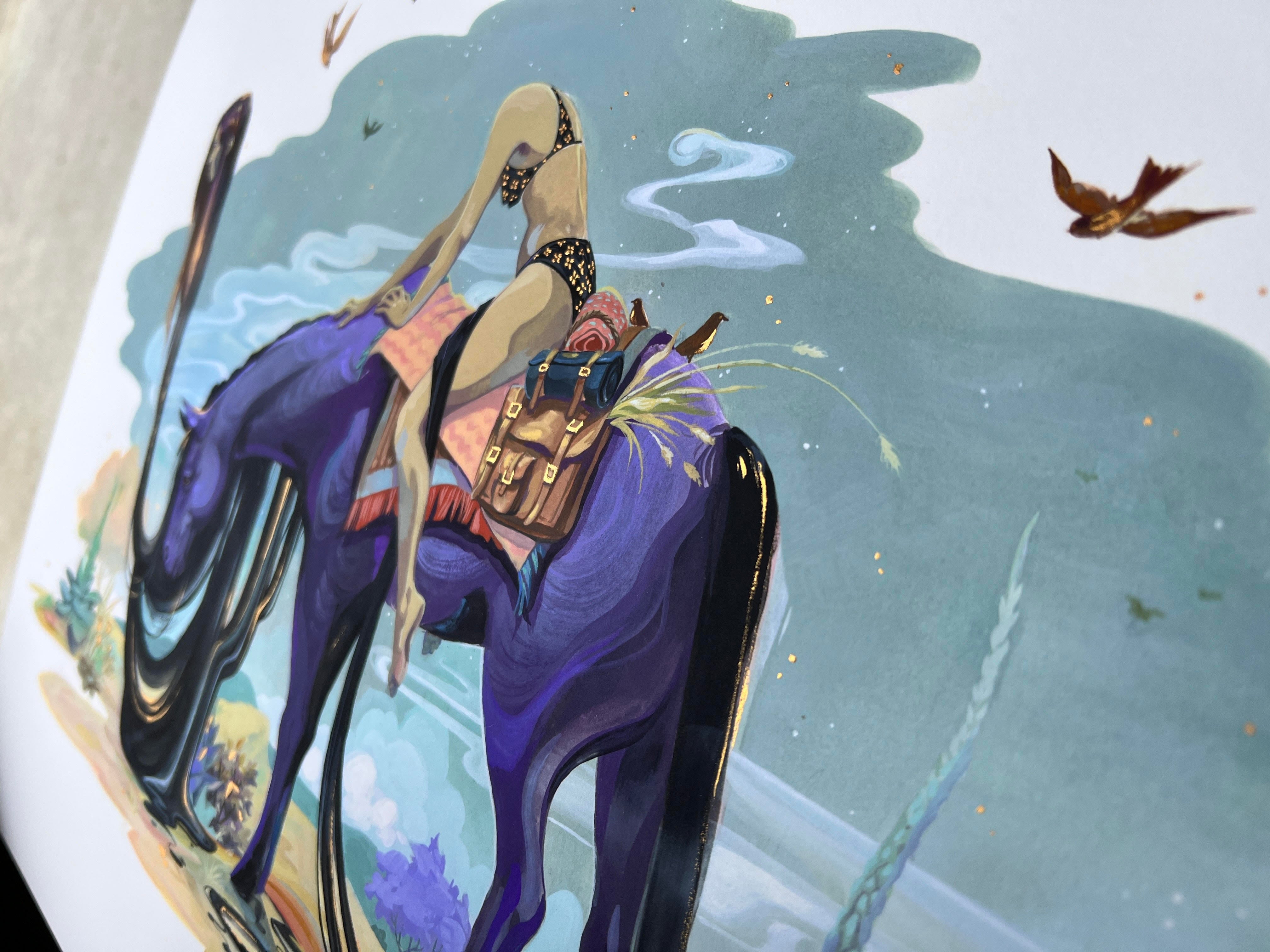The surreal Lost At Twilight by Audra Auclair shows a girl in a bikini resting on a purple camel-like creature under a cloudy sky filled with birds, with whimsical plants and ocean waves as the backdrop. It is a hand-embellished archival pigment print.