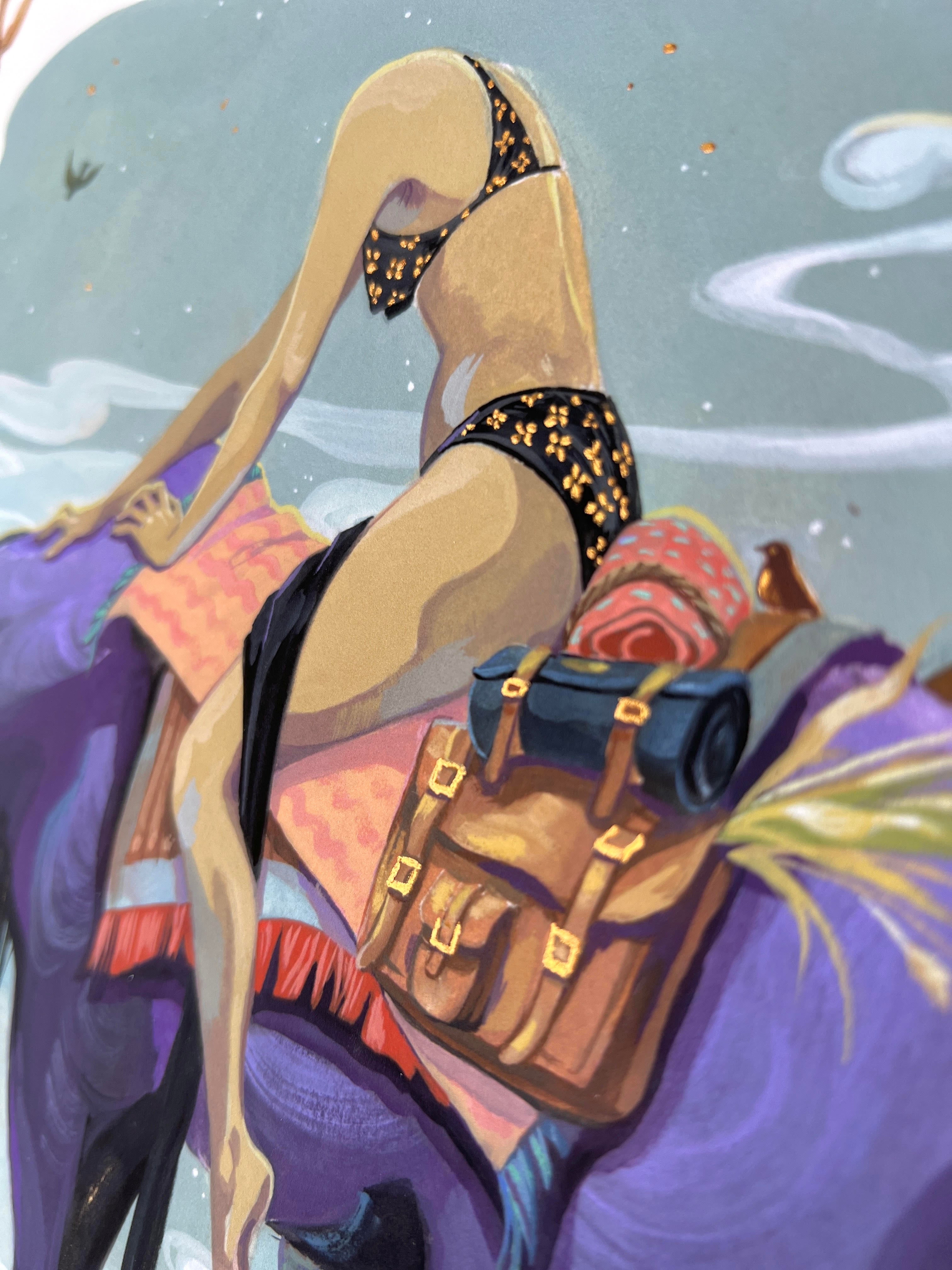 A headless woman in a floral bikini sits on a purple horse with a colorful saddle carrying a leather bag. The background is reminiscent of Lost At Twilight by Audra Auclair, featuring swirling clouds and a bird in the sky, like an archival pigment print brought to life.