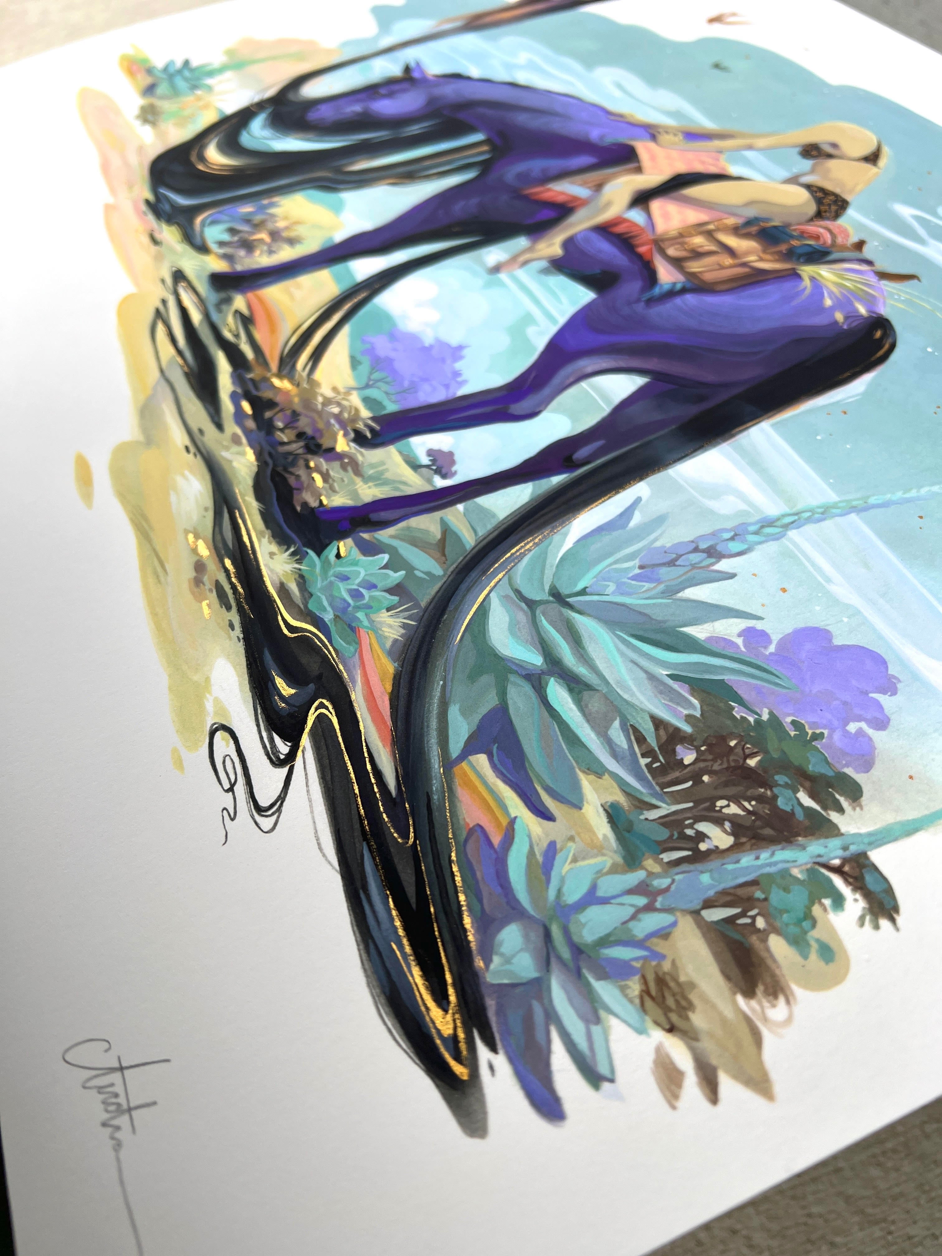 The Lost At Twilight archival pigment print by Audra Auclair showcases a person on a camel in a vibrant desert with cacti and an expansive sky. Featuring fluid lines, it is hand embellished with the artists signature at the bottom.