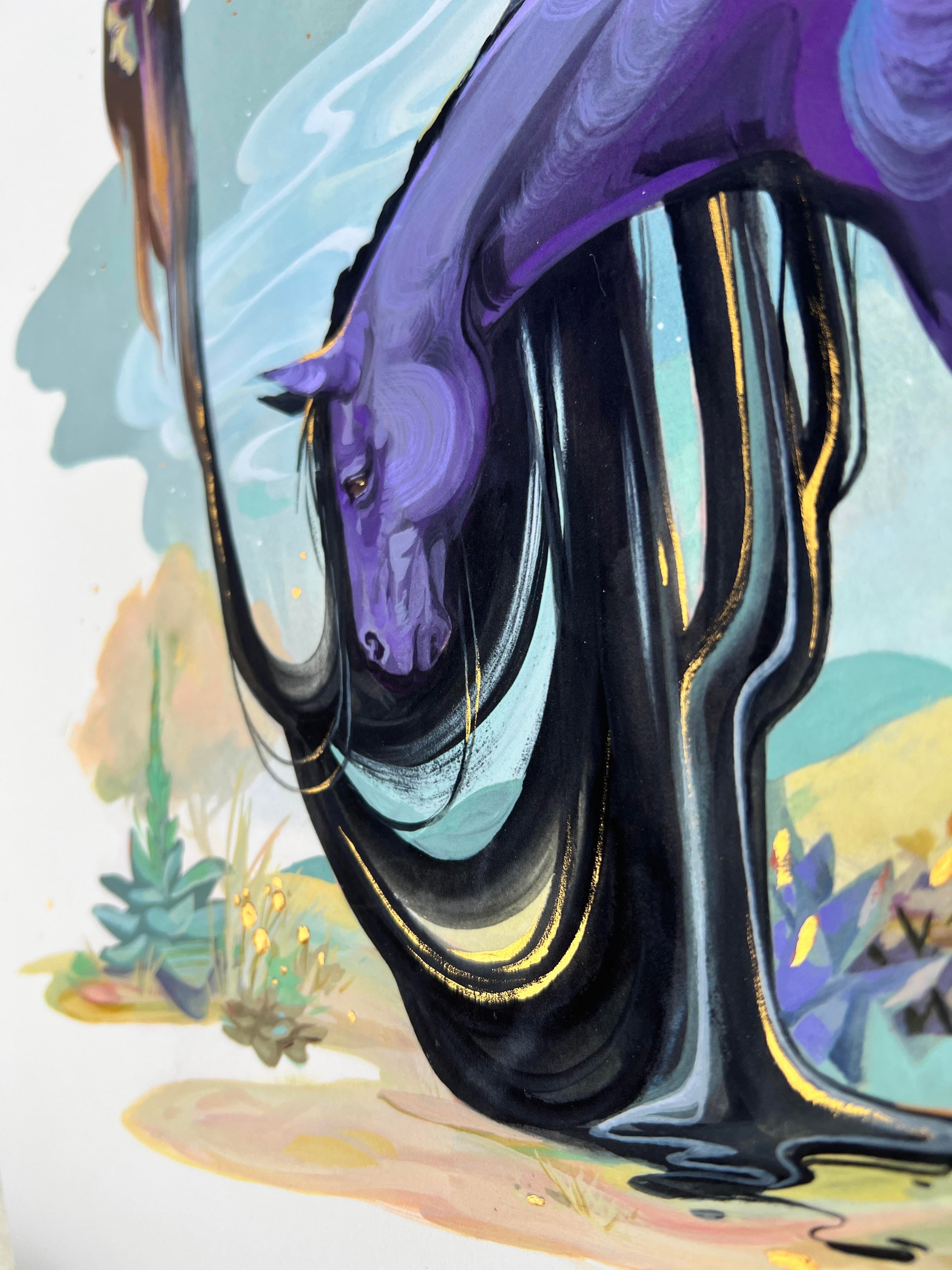 The Lost At Twilight archival pigment print by Audra Auclair showcases a stylized purple horse with a long black mane merging into dark liquid, adorned with abstract light blue and yellow shapes and hints of vegetation.