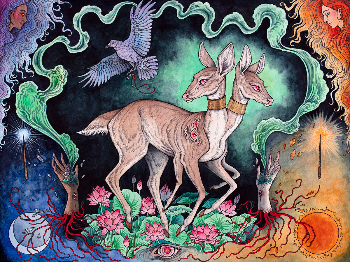 Caitlin Hacketts Two of Wands print depicts a mystical scene with two deer shrouded in vibrant green auras, a blue bird above, and ethereal faces and abstract patterns filling the backdrop. Sun and moon adorn opposite corners, creating stunning visual harmony.