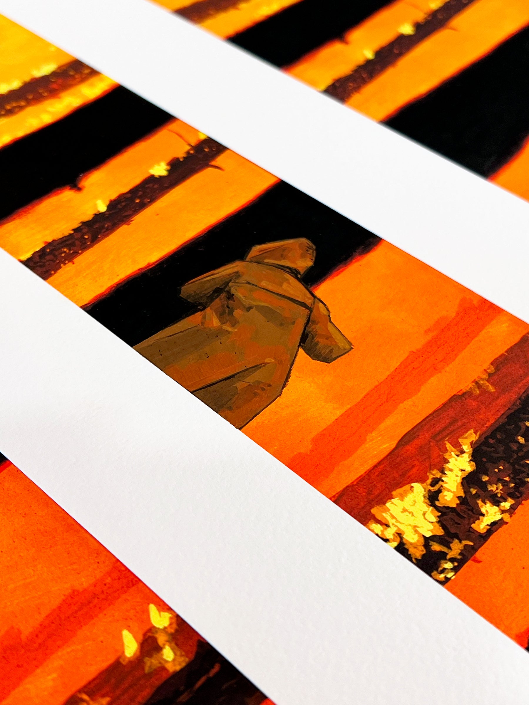 Close-up of "No End In Sight" by Chris Austin features a hooded figure walking between orange and black stripes, partially obscured by white strips. Available as a hand-embellished archival pigment print.