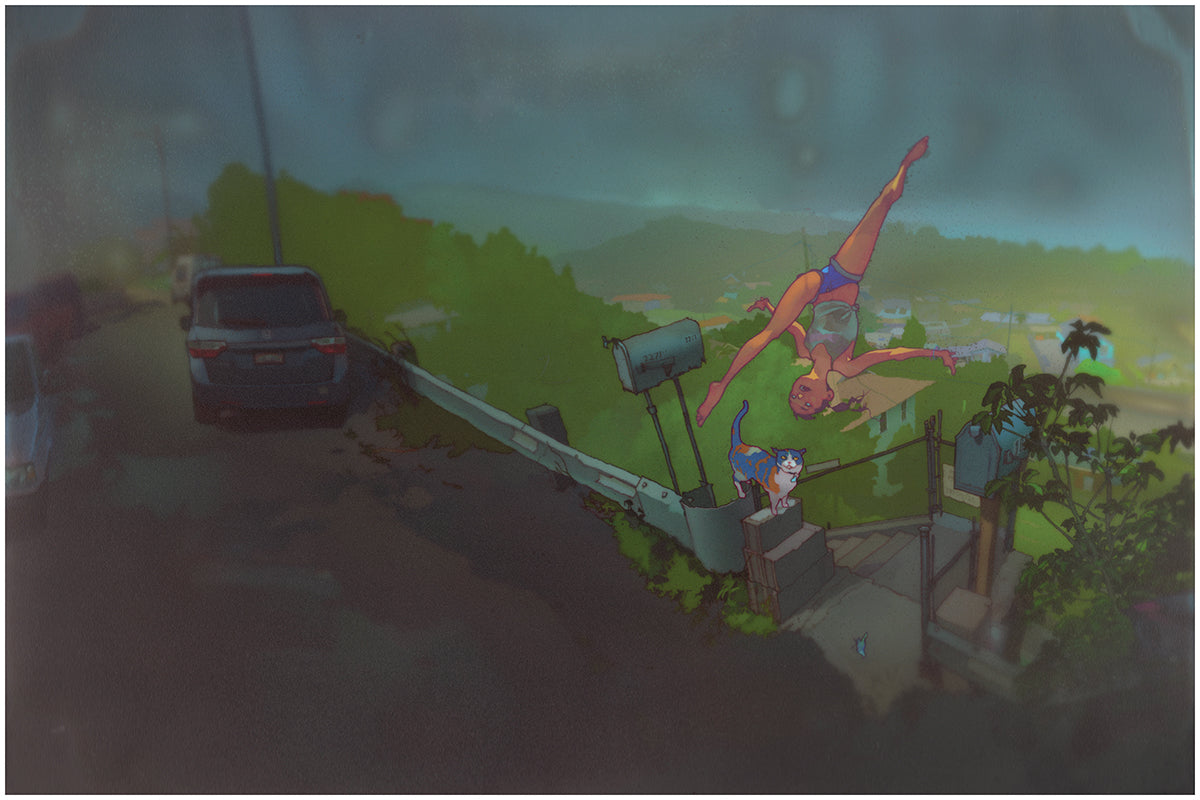 Edwin Ushiro’s limited edition archival pigment print, Its Getting Harder to Say Goodbye, showcases two people in swimwear diving into a mailbox, observed by a curious cat on a fence. Cars are aligned on the left road and lush greenery leads to a distant cityscape.