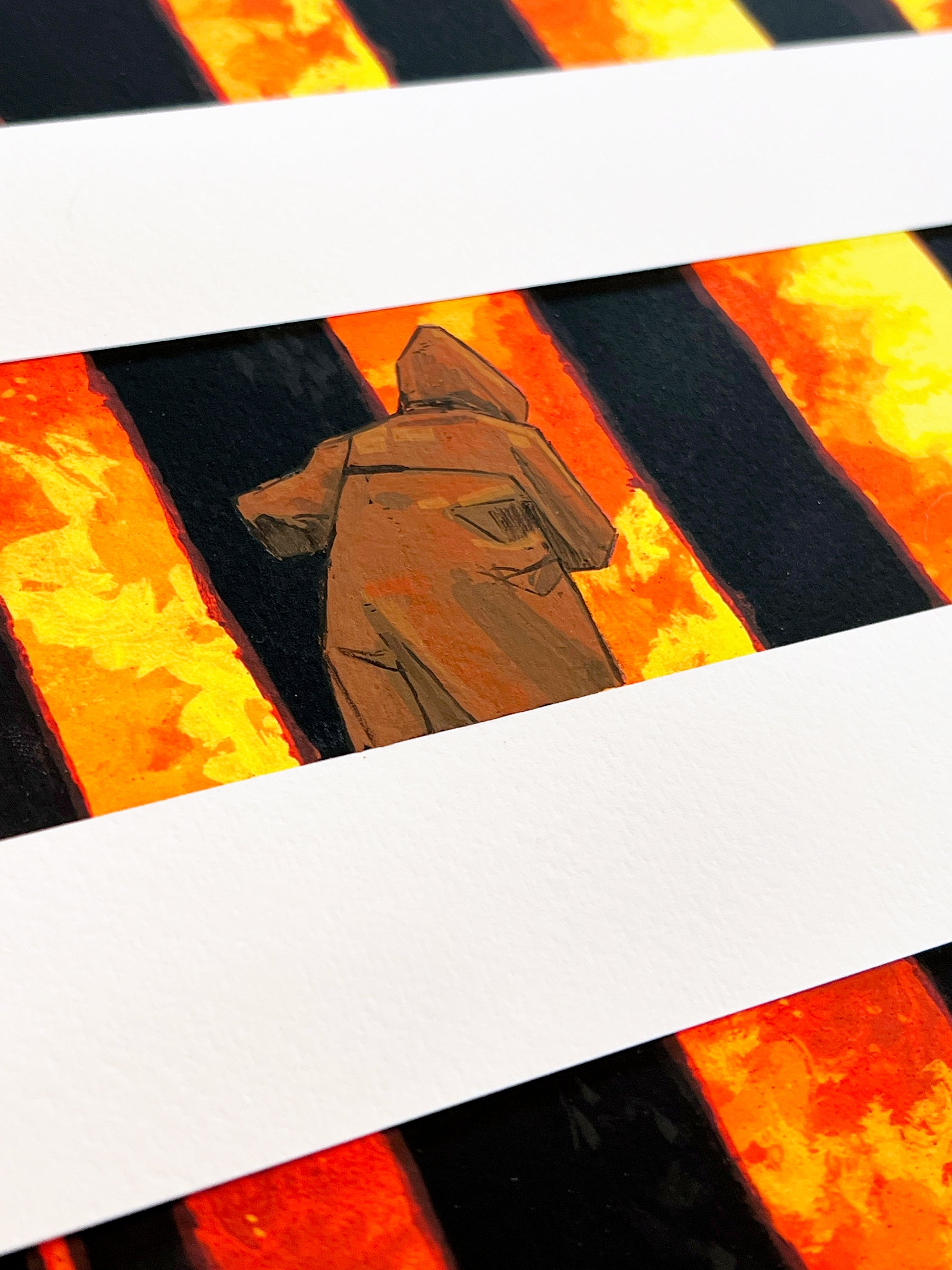 A person in a hooded coat walks away between fiery orange and black stripes with white bars crossing the foreground in "No End In Sight," an archival pigment print by Chris Austin.
