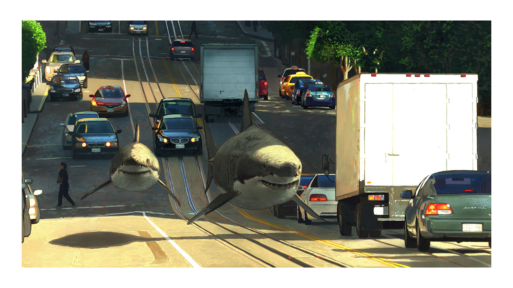 In a surreal scene from Chris Austins Thriving Cities, two large sharks glide through a bustling city street with cars and a pedestrian. The hilltop setting, amplified by the bright sun, enhances this imaginative landscape, reminiscent of an archival pigment print.