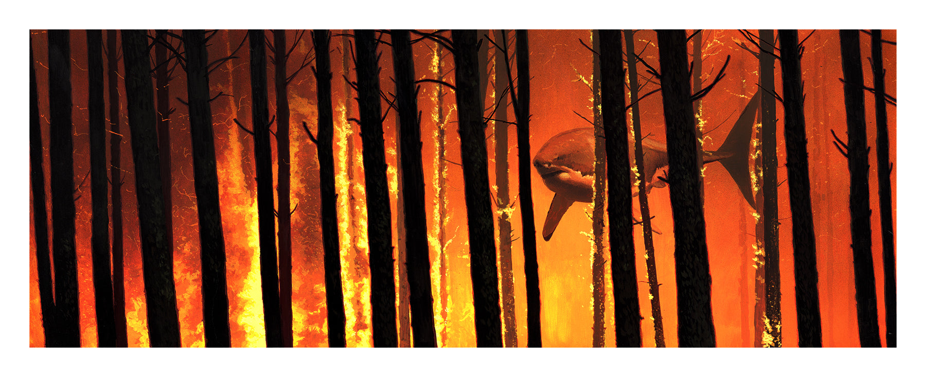 In No End In Sight, an archival pigment print by Chris Austin, a shark swims through a burning forest with dark tree trunks contrasting against the flames. This hand-embellished, signed, and numbered artwork vividly portrays the shark navigating through chaos.