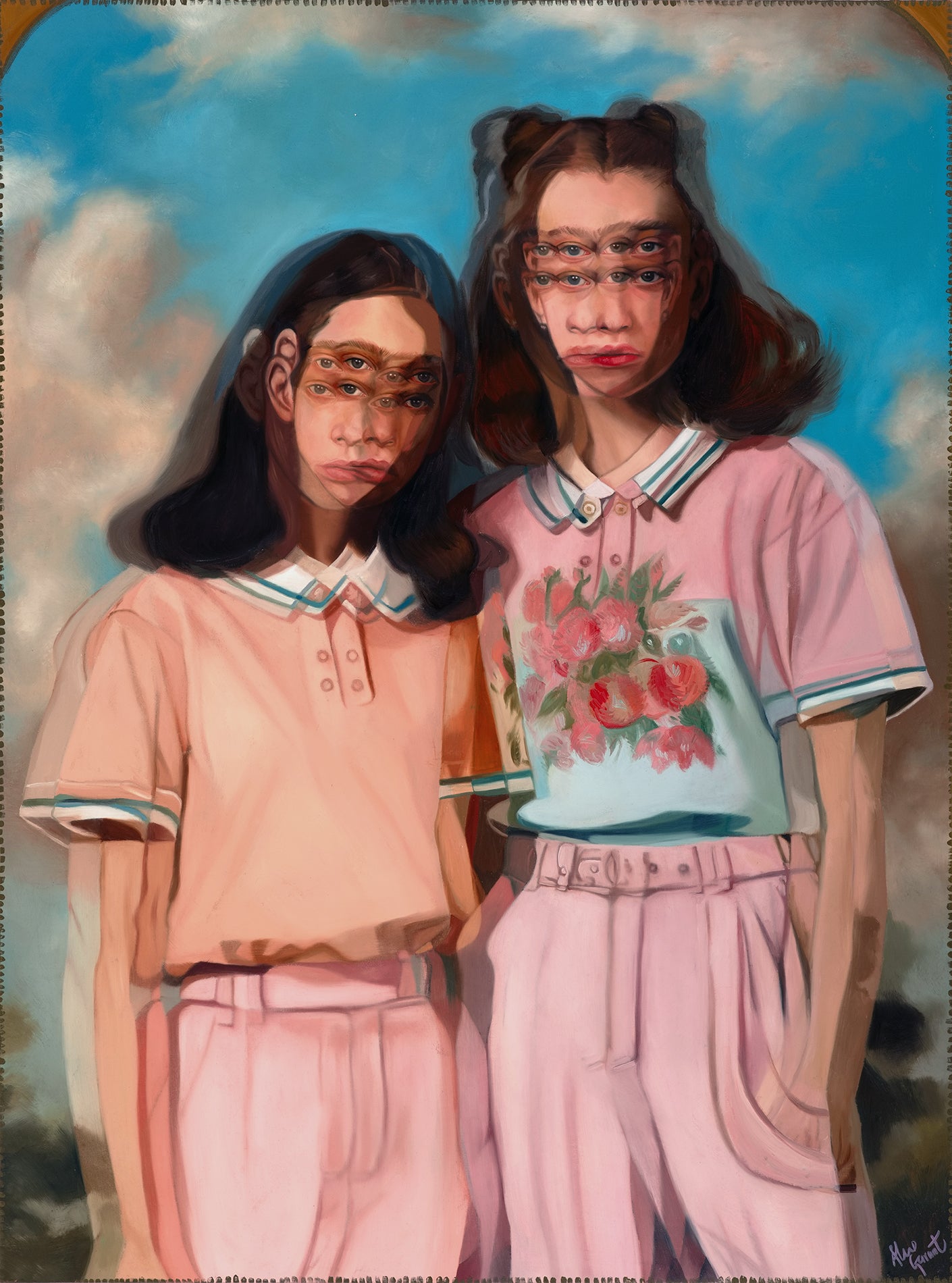 The limited edition Heads in Clouds painting by Alex Garant showcases two figures in pastel outfits, with one wearing floral patterns and intriguingly layered eyes and mouths, all set against a surreal cloudy sky. Its available as an archival pigment print.