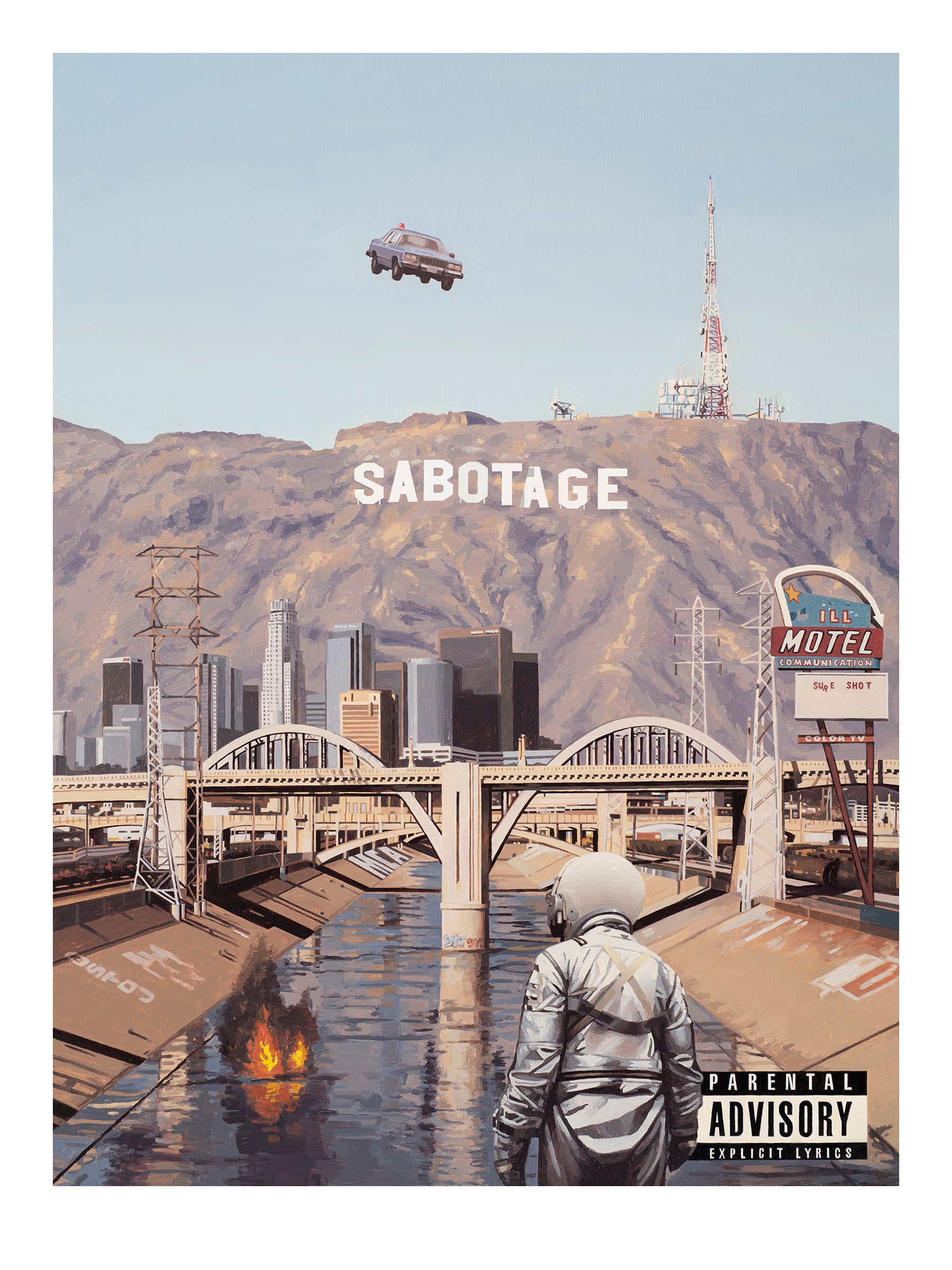 An astronaut gazes at a reflective river in a cityscape, mountains in the background, and a flying car overhead. Sabotage by Scott Listfield features the word SABOTAGE on the hillside under a Motel sign with a Parental Advisory label, capturing his retro-futuristic style in this archival pigment print.
