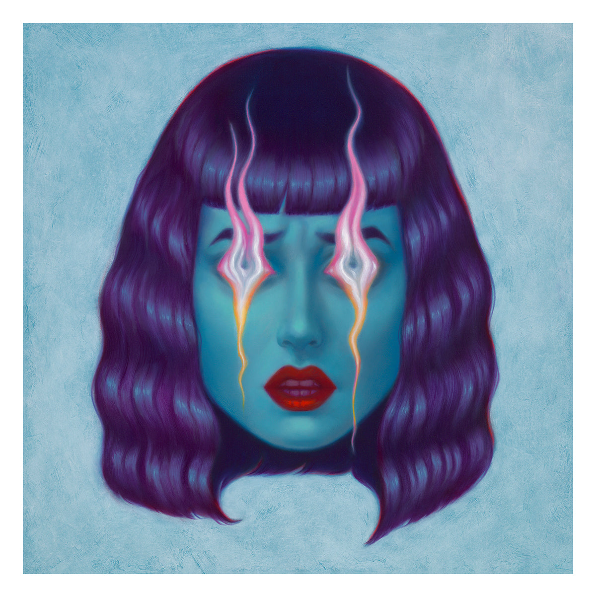 Syd Bees surreal artwork Glimmeropia features a blue face with purple hair and glowing pink-and-white wavy lines emanating from the eyes. The piece has a somber expression on a light blue textured background, ideal for an archival pigment print display.