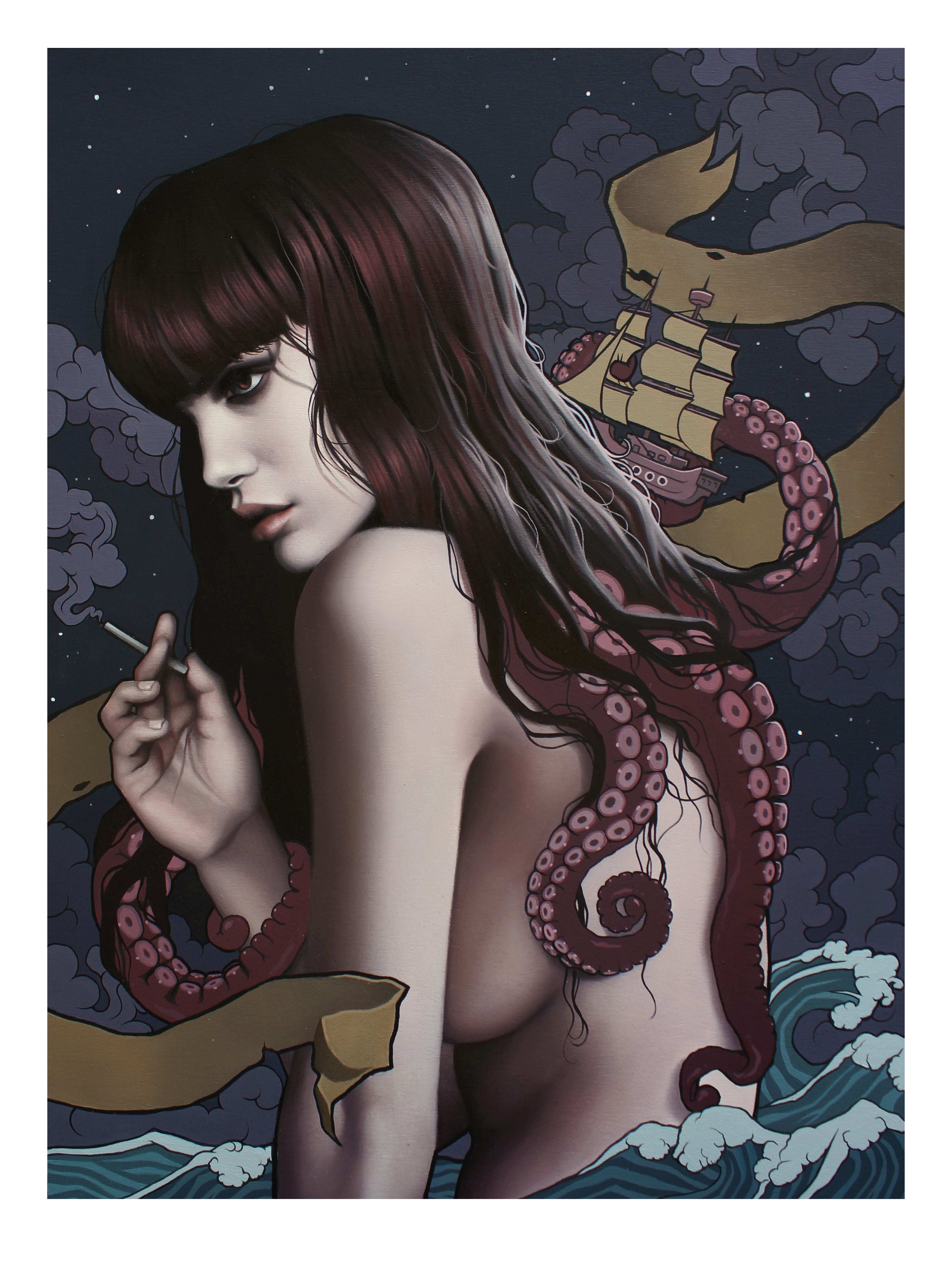 A woman with long hair looks over her shoulder, surrounded by tentacles in a scene reminiscent of Leviathan by Sarah Joncas. In the background, a ship sails through dark clouds like a leviathan, while a yellow ribbon weaves through the ominous sky above restless ocean waves.