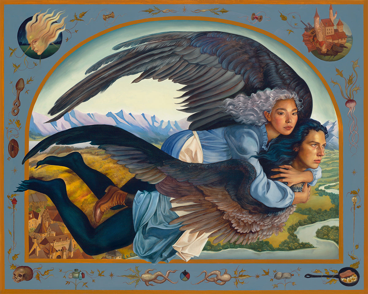 In Ruth Speers A Hearts A Heavy Burden print, a figure with large black wings carries another with long silver hair over mountains, a river, and a village. Decorative illustrations of a castle and various objects frame the scene in this captivating hand-embellished edition.