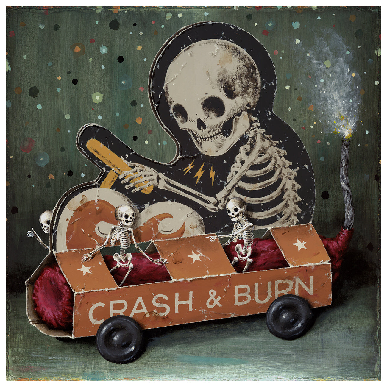 Jason Limons Crash & Burn is a signed and numbered archival pigment print showcasing three toy skeletons in a rustic cardboard car, against a speckled background, with a large skeleton featuring an ignited fuse for an eerie yet whimsical effect.