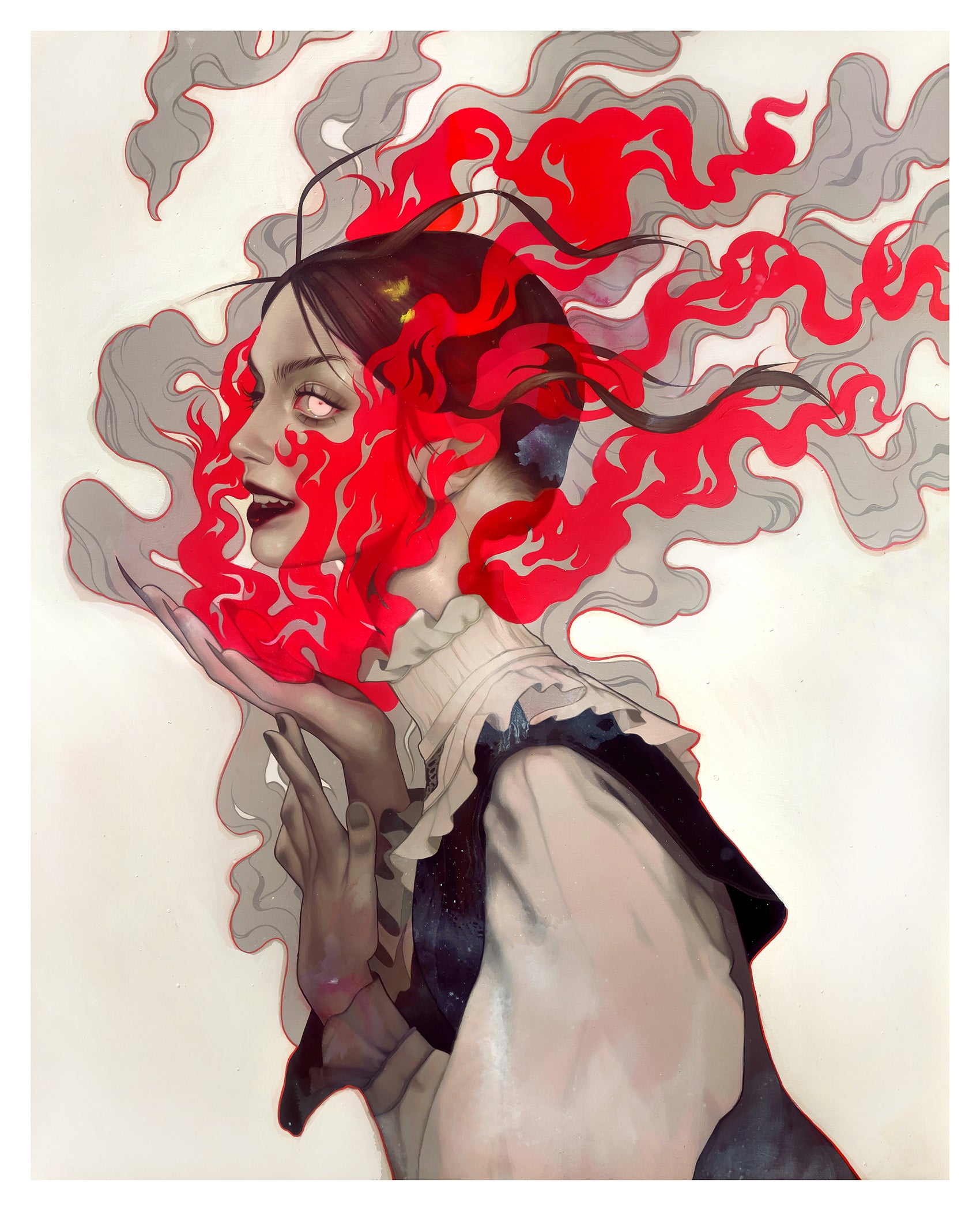 The archival pigment print Smile for Me by Kelsey Beckett features a blissfully smiling person with red and gray swirling flames from their head, contrasting pale skin with dark attire and a ruffled collar. This captivating piece is signed and numbered.