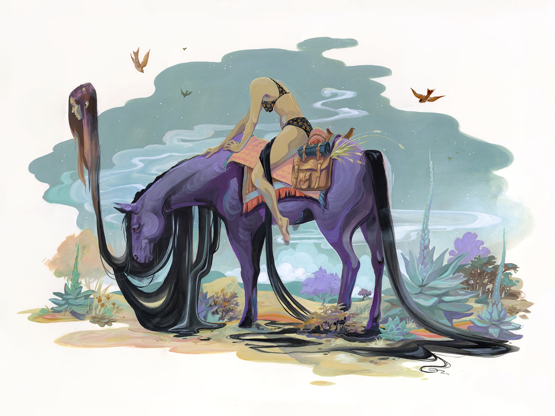 Audra Auclairs Lost At Twilight is an archival pigment print depicting a person in vivid clothing lying face-down on a purple horse with a flowing mane, set against whimsical clouds, birds, and abstract landscapes in muted tones.